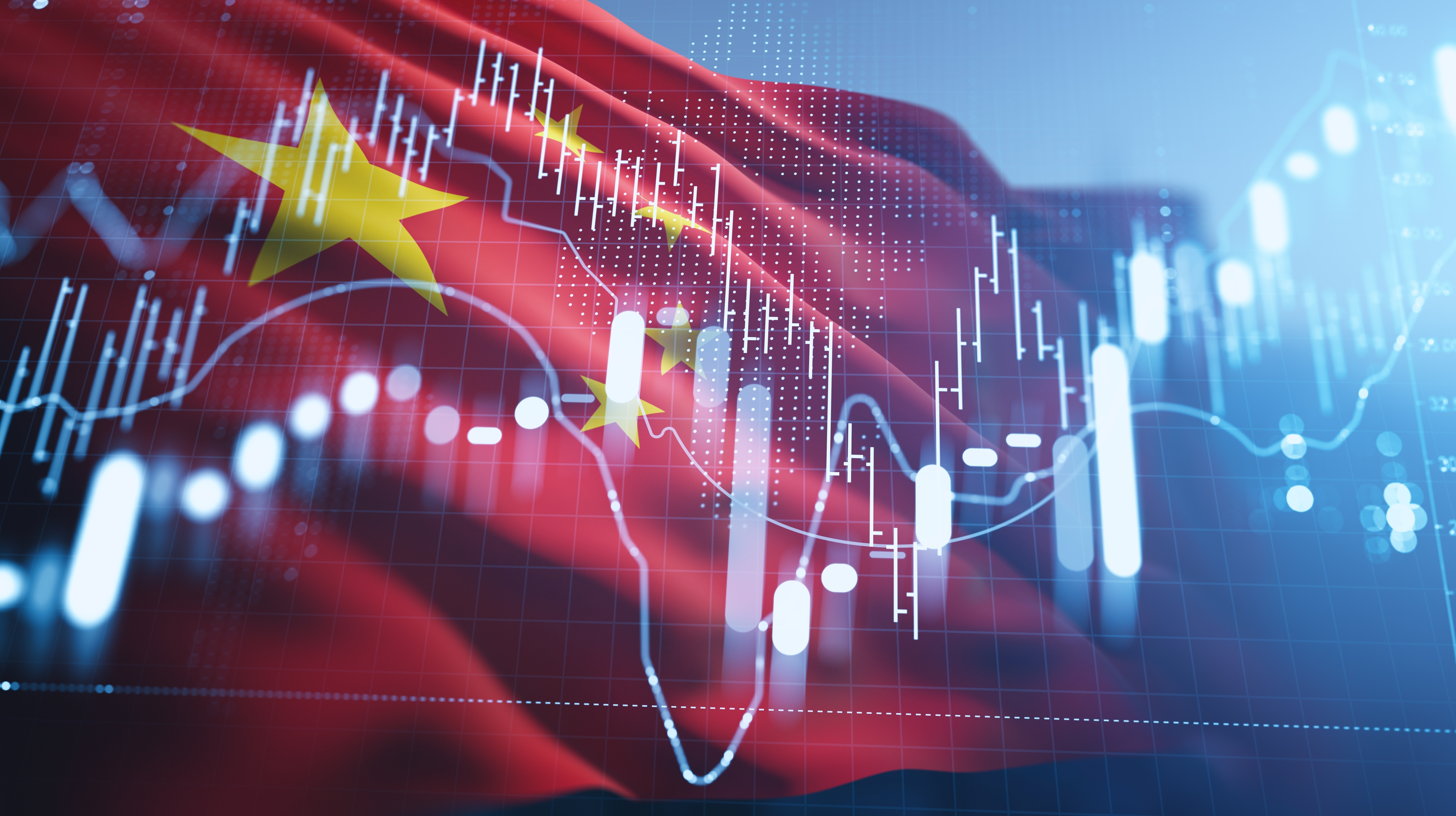 Gráfico de indicadores económicos, financieros, comerciales, sobre bandera de China