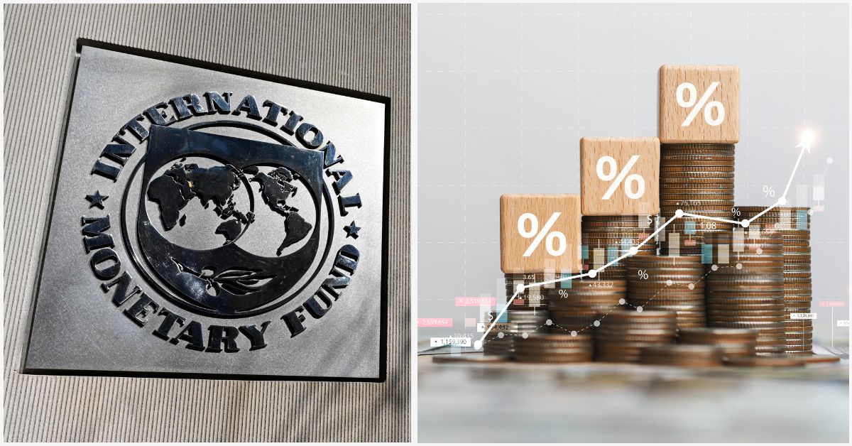 El logo del FMI junto a moneda apiñadas en una torre.