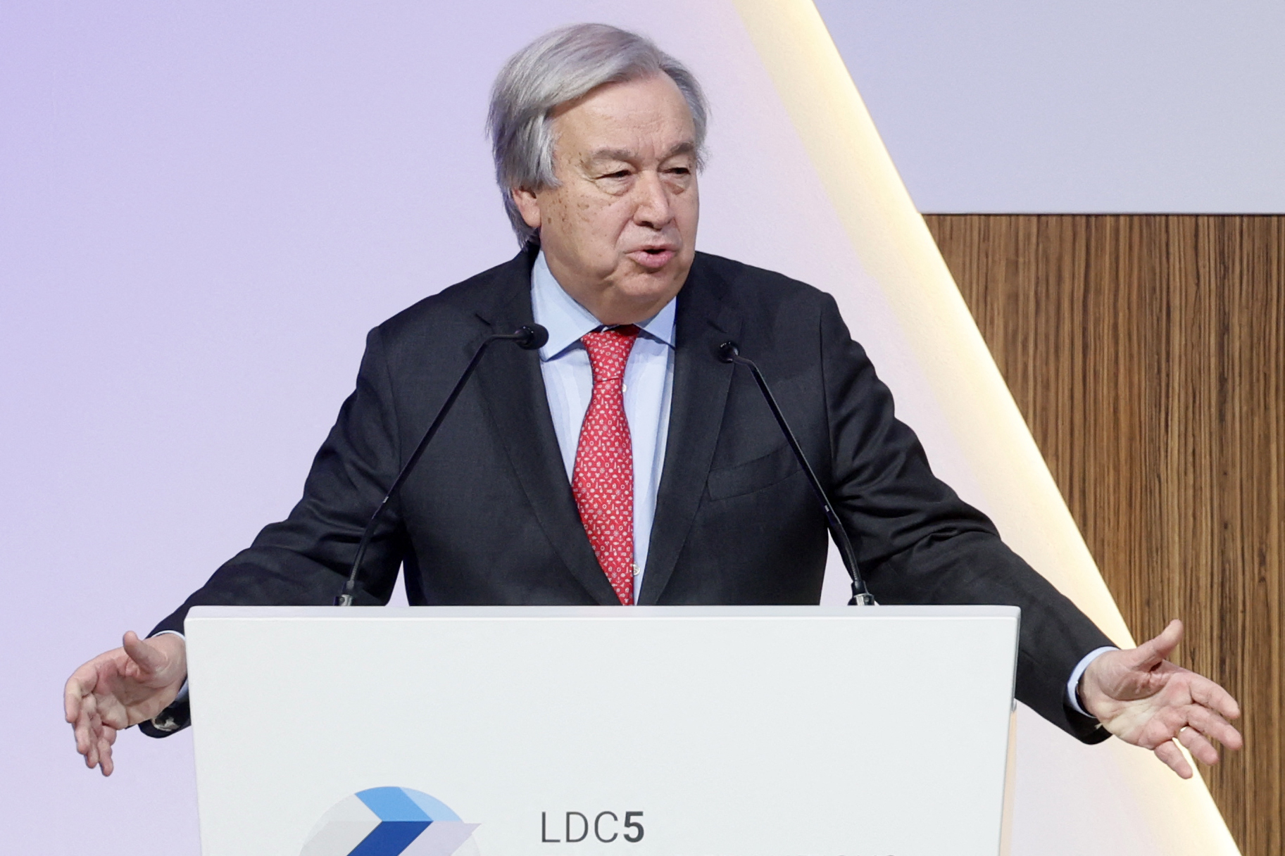 Secretary-General of the United Nations (UN) Antonio Guterres speaks during the 5th Conference on the Least Developed Countries (LDC5) speaks at fifth United Nations Conference on the Least Developed Countries (LDC5)in Doha, on March 5, 2023. - Leaders from nations mired in a worsening poverty trap will make a new plea for assistance at the summit, battling for world attention against rival disasters. (Photo by KARIM JAAFAR / AFP)