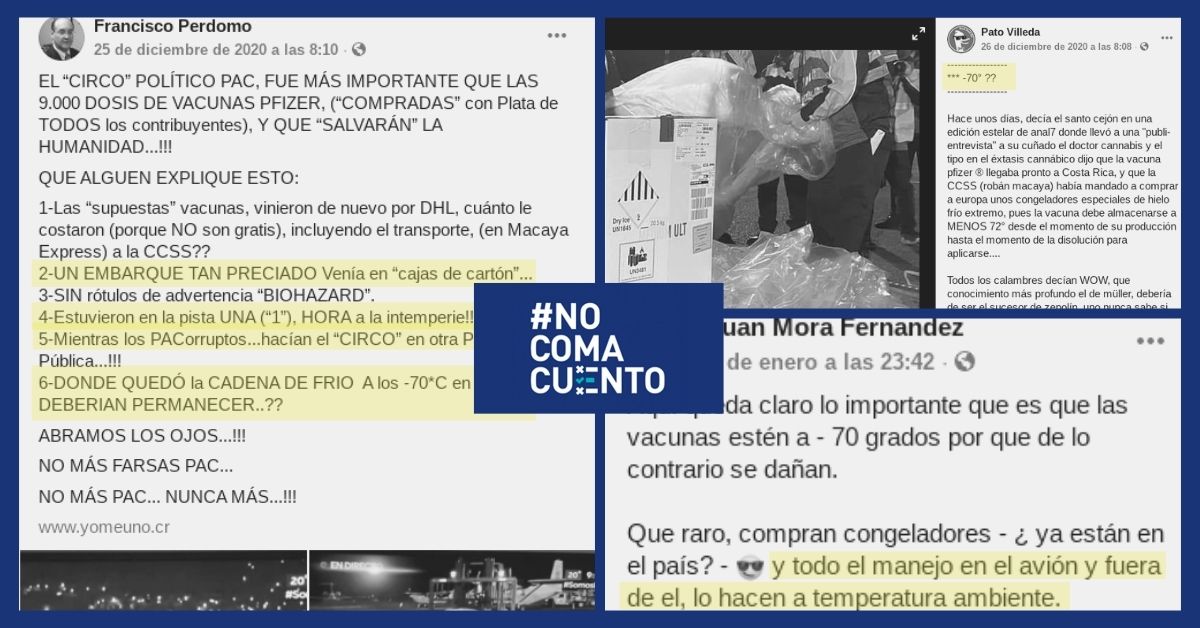 Las publicaciones afirman, falsamente, que las vacunas "quedaron a temperatura ambiente" cuando se bajaron del avión que las trajo desde Bélgica. En realidad, los recipientes están diseñados y equipados para no depender de factores externos para mantener su temperatura.