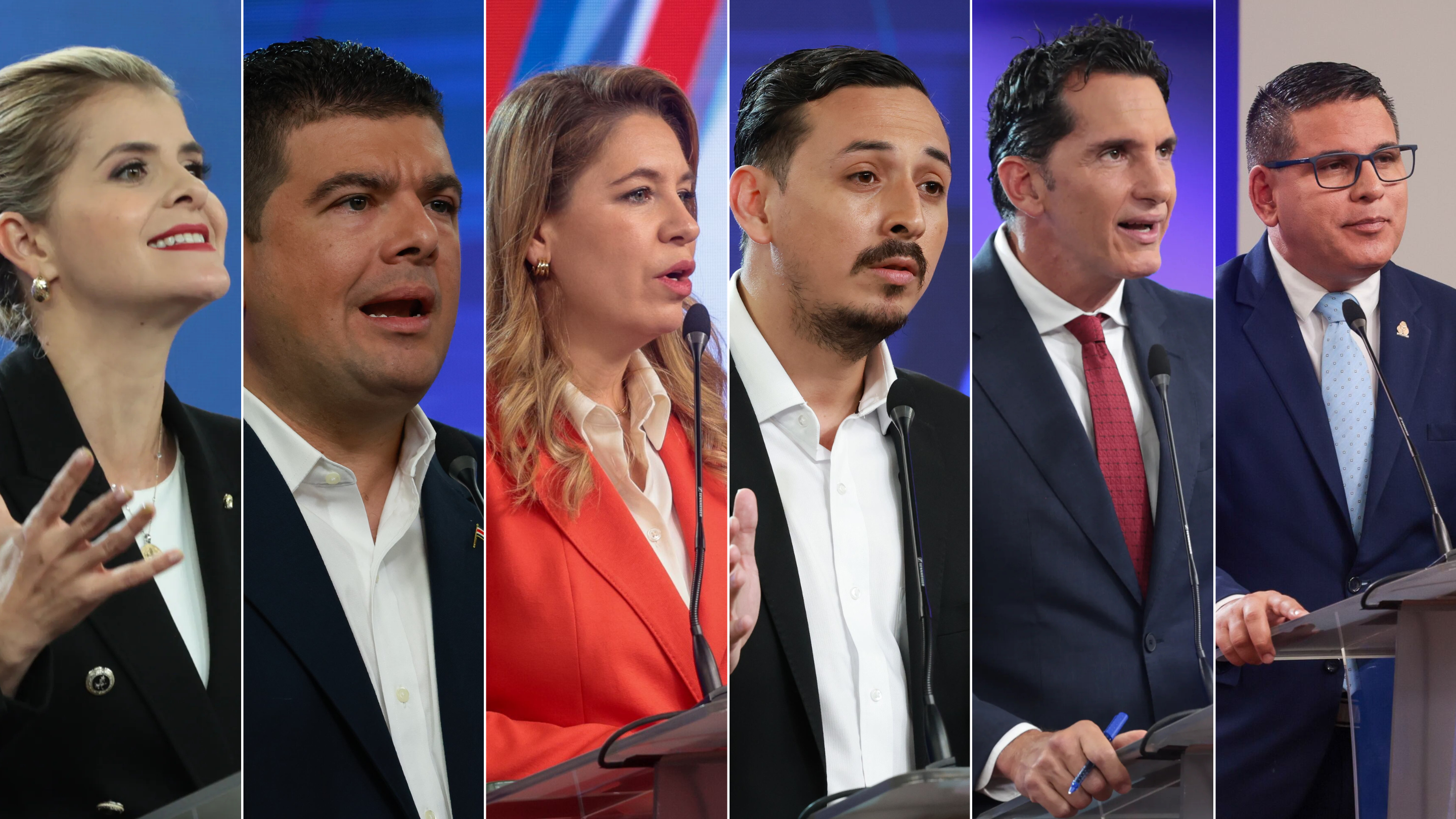 Elecciones 2026. Los seis candidatos con más intención de voto según la encuesta del 21 de enero de 2026 del CIEP-UCR. De derecha a izquierda: Laura Fernández, Álvaro Ramos, Claudia Dobles, Ariel Robles, Jose Aguilar, Fabricio Alvarado.