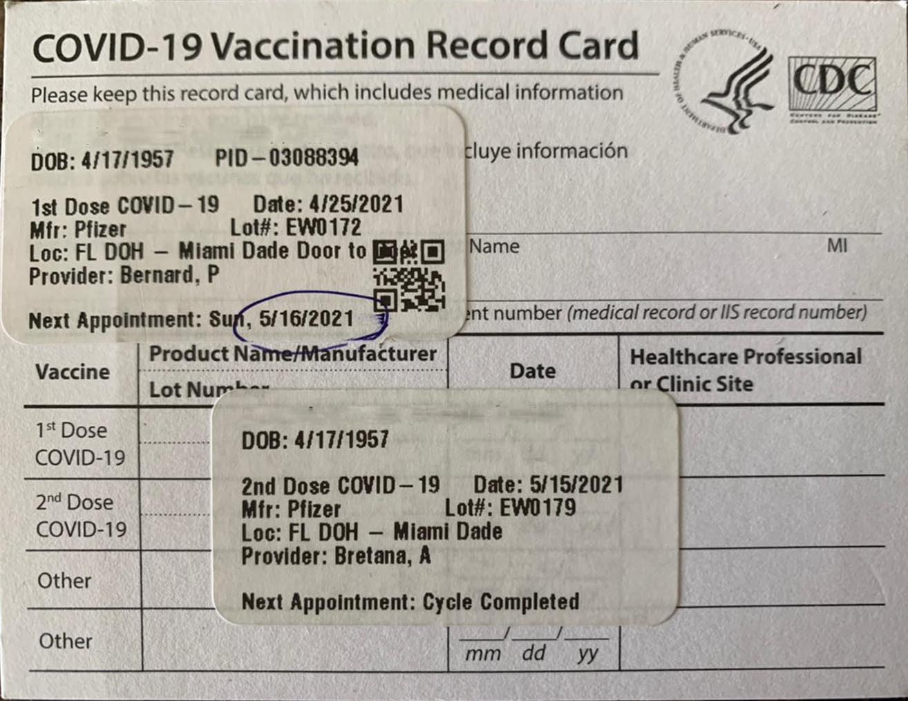 20/05/2021 Carné de Vacunación de Estados Unidos covid 19