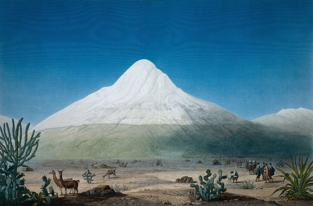 Esta vista del Chimborazoaparece en la primera edición del libro de Humboldt sobre su viaje. Fue realizada por Thibaut, basado en un dibujo de Humboldt.