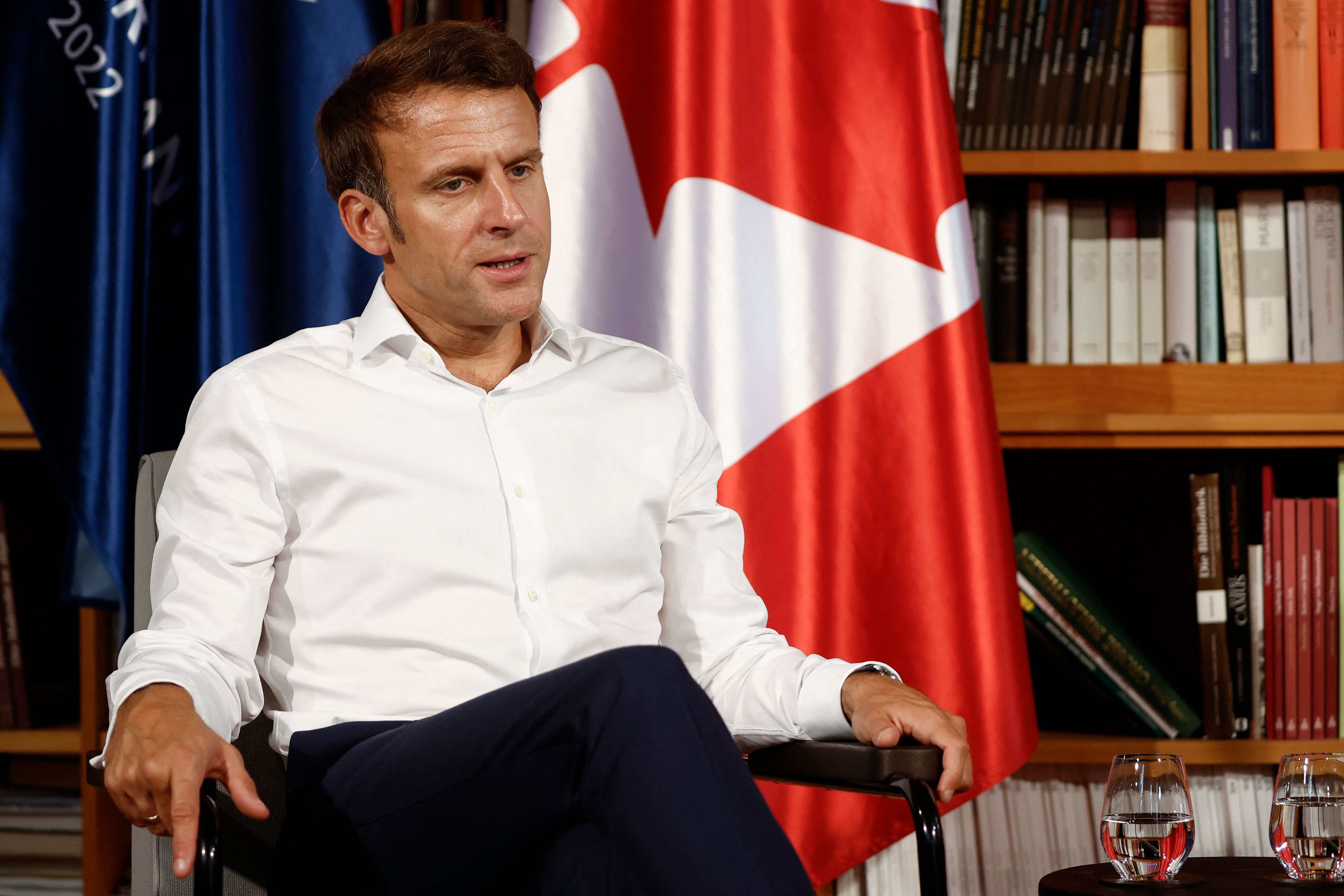 France's President Emmanuel Macron is pictured during bilateral talks with Canada's Prime Minister on June 27, 2022 at Elmau Castle, southern Germany, during the G7 summit of the Group of Seven rich nations (G7). (Photo by BENOIT TESSIER / POOL / AFP)