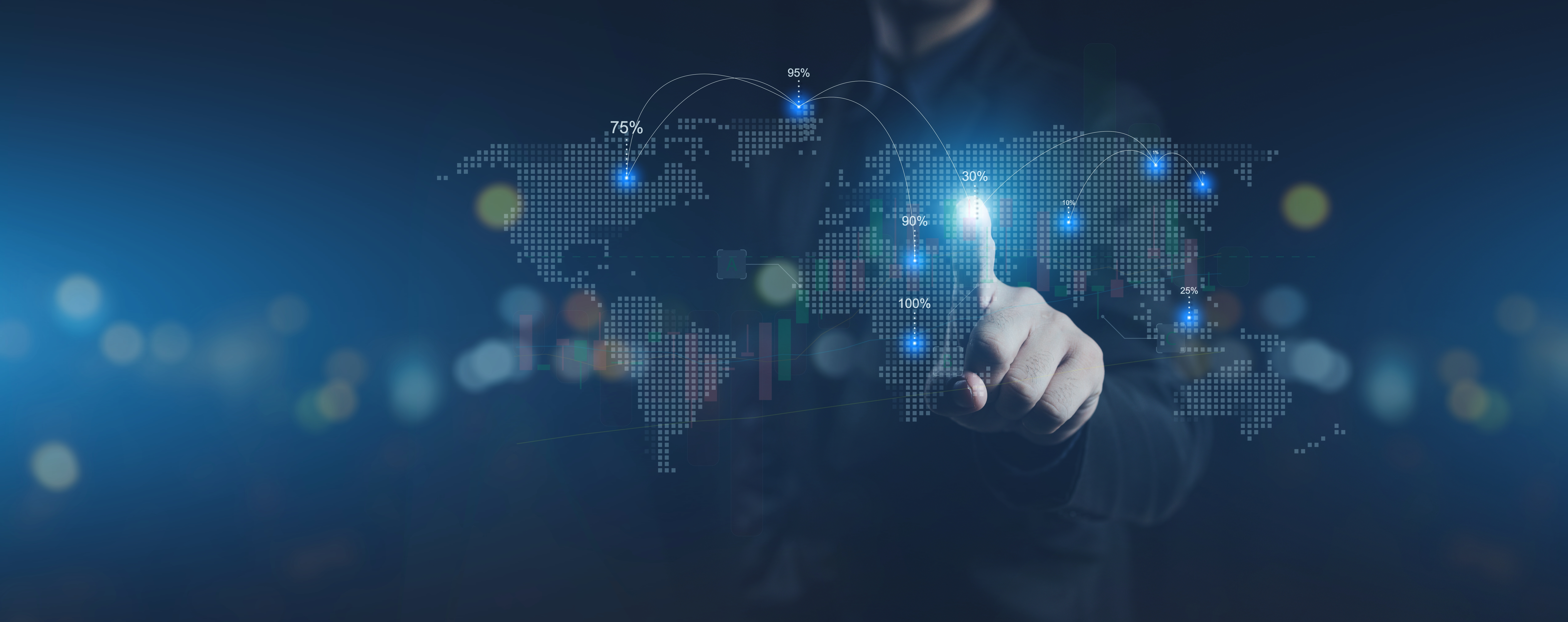 Mapa mundial digital con indicadores financieros y flujos de inversión extranjera directa, relacionado con el aumento de la IED desde Suiza hacia Costa Rica