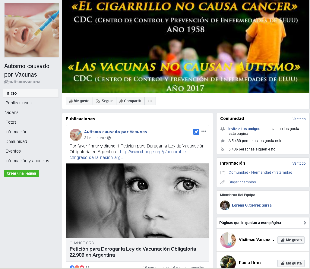 Este es un perfil de Facebook con el movimiento antivacunas.