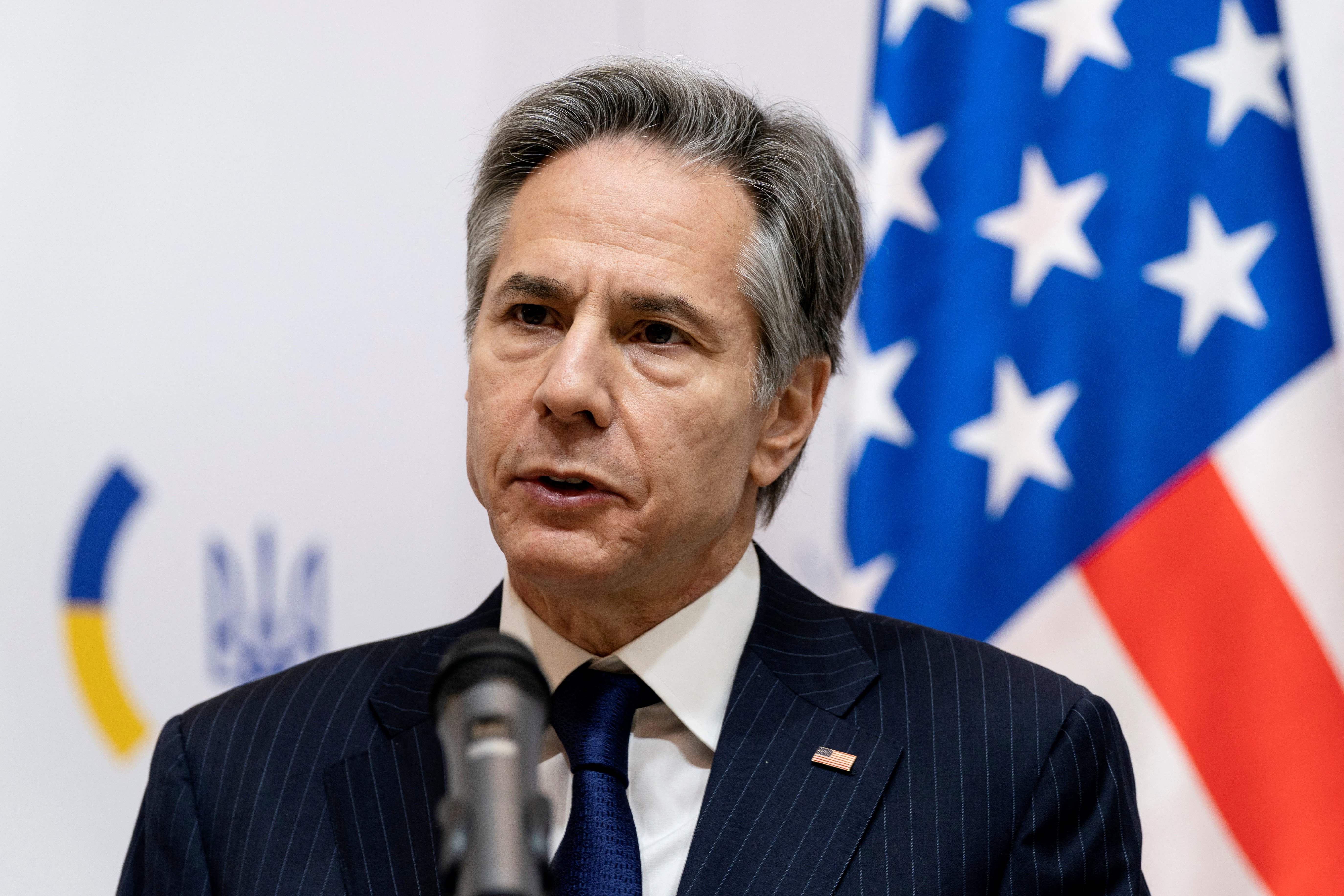 US Secretary of State Antony Blinken gives a press conference following his meeting with Ukrainian Foreign Minister at the Ministry of Foreign Affairs in Kyiv, on January 19, 2022. (Photo by Alex Brandon / POOL / AFP)