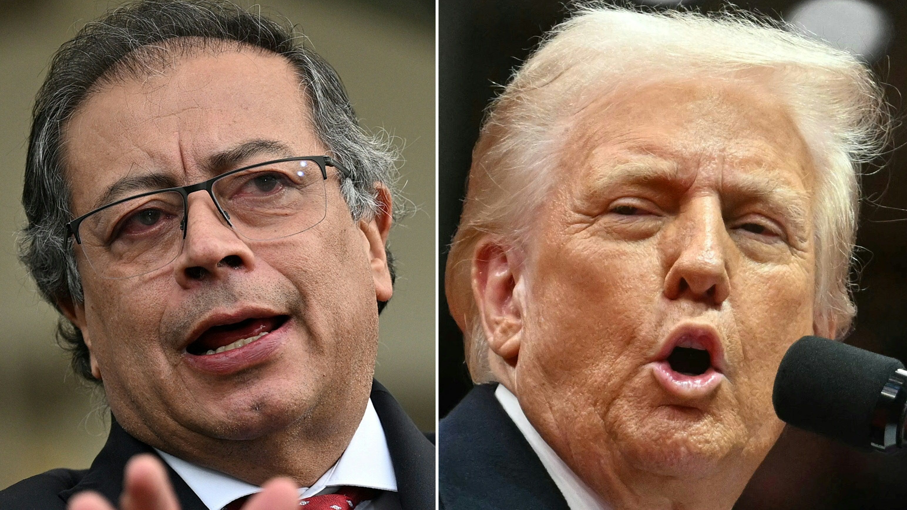 (COMBO) This combination of pictures created on January 26, 2025 shows Colombian President Gustavo Petro in Bogota on July 09, 2024 and US President Donald Trump in Washington, DC, on January 20, 2025. US President Donald Trump on January 26, 2025, ordered sweeping tariffs and sanctions against Colombia in retaliation for its refusal to accept deportation flights, as Bogota responded in kind with a 25 percent levy on US goods. (Photo by LUIS ACOSTA and Jim WATSON / AFP)
