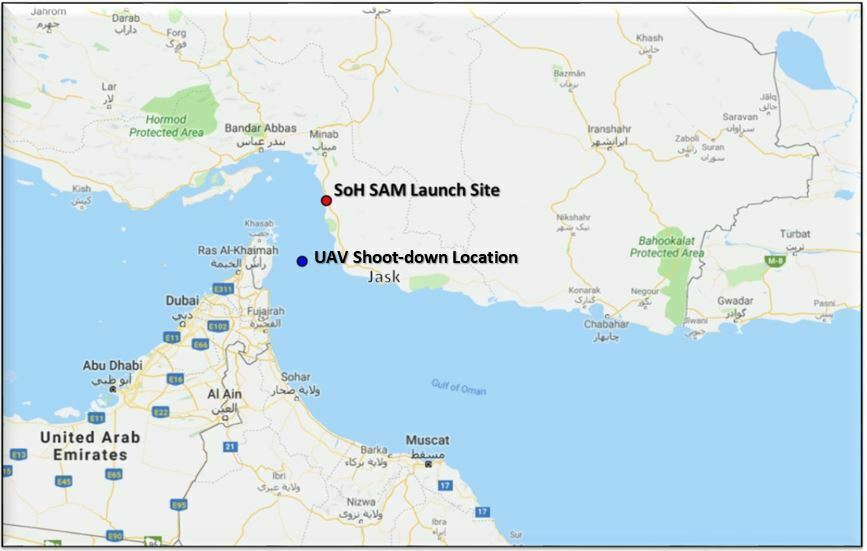 This map provided by the Department of Defense, Thursday, June 20, 2019, shows the site where they say a U.S. Navy RQ-4 drone was shot down. The Department of Defense says the drone was flying over the Gulf of Oman and the Strait of Hormuz on a surveillance mission in international airspace in the vicinity of recent IRGC maritime attacks when it was shot down by an IRGC surface to air missile fired from a launch site in the vicinity of Goruk, Iran. (Department of Defense via AP)