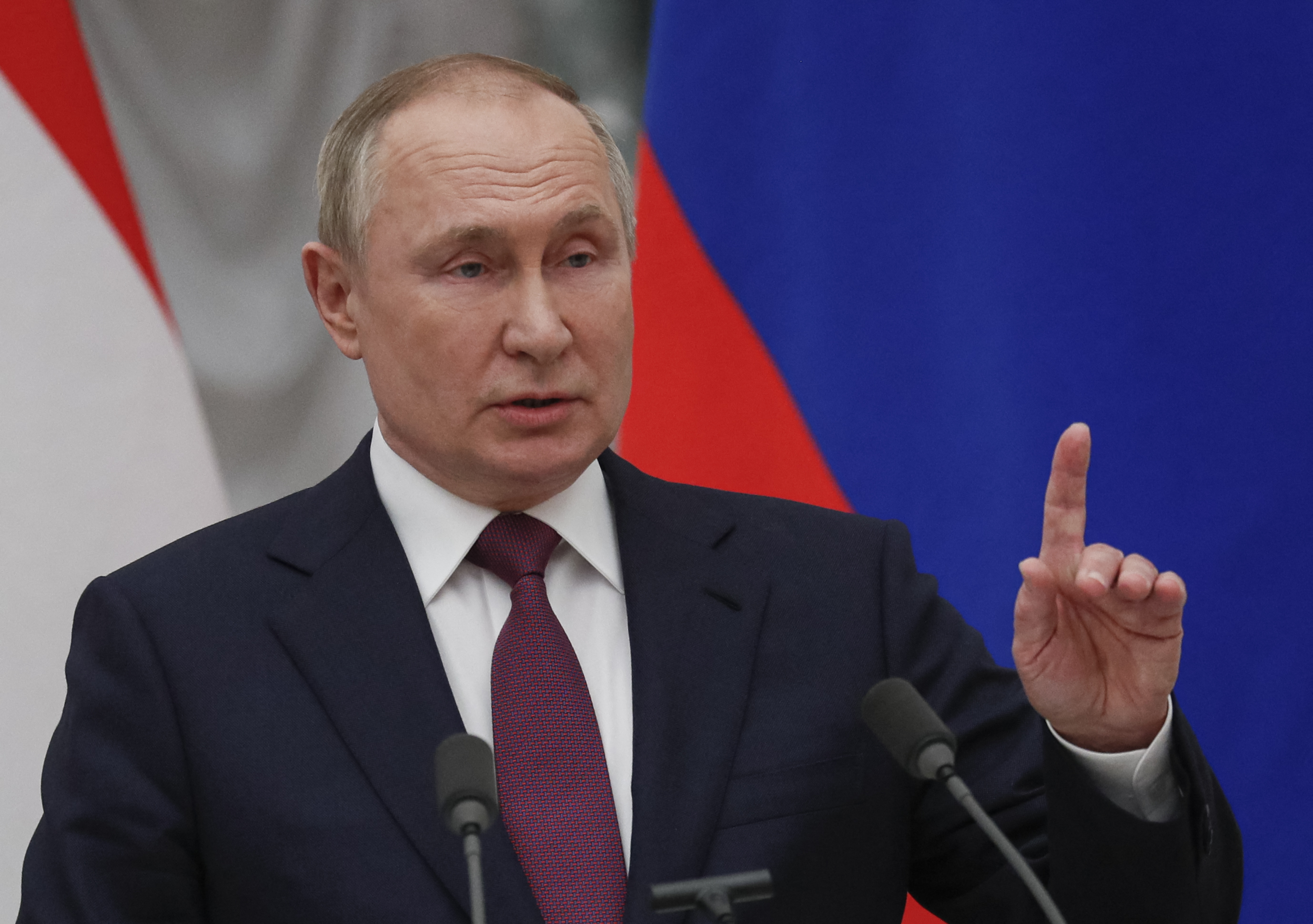 Russian President Vladimir Putin talks during a press conference with Hungarian Prime Minister after their meeting at the Kremlin in Moscow on February 1, 2022. (Photo by YURI KOCHETKOV / POOL / AFP)