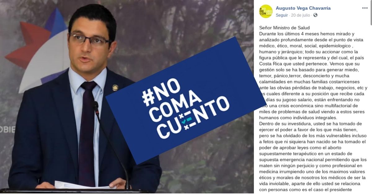 La carta la publicó en su perfil de Facebook el médico Augusto Vega, quien tiene un procedimiento abierto en el Tribunal de Ética del Colegio de Médicos, por sus "recomendaciones" sobre la covid-19.