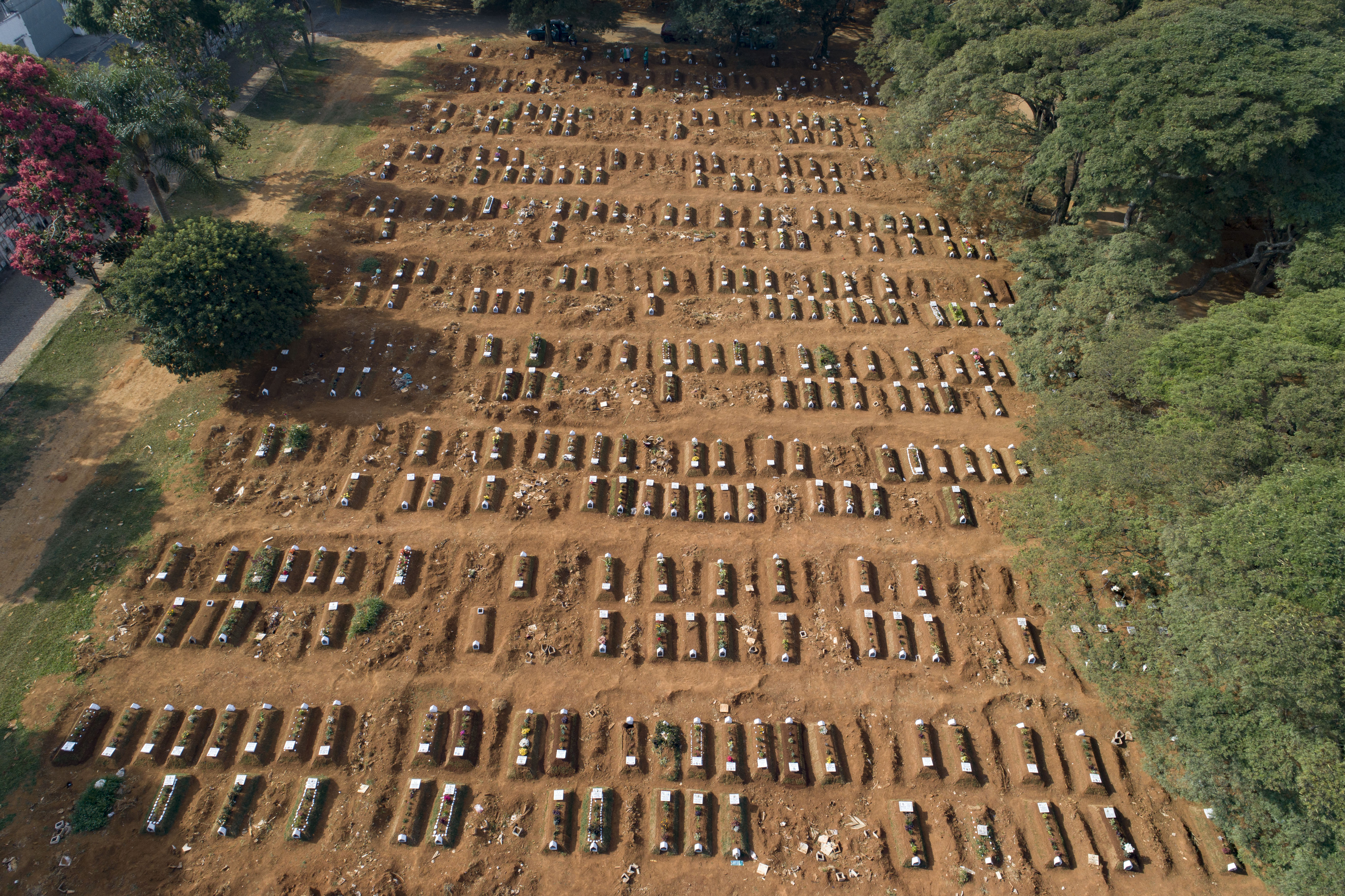 The graves of those that have died during the previous weeks are seen at the Vila Formosa cemetery, during the new coronavirus pandemic in Sao Paulo, Brazil, Thursday, April 30, 2020. (AP Photo/Andre Penner)
