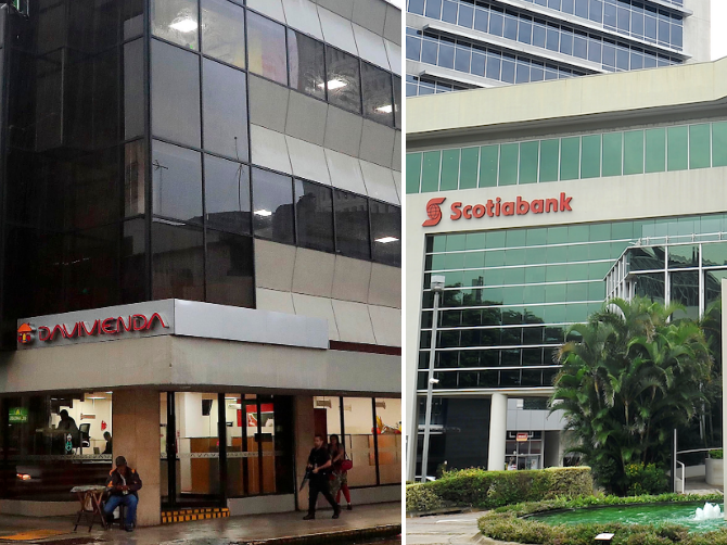 Fachadas de Davivienda y Scotiabank en Costa Rica.
