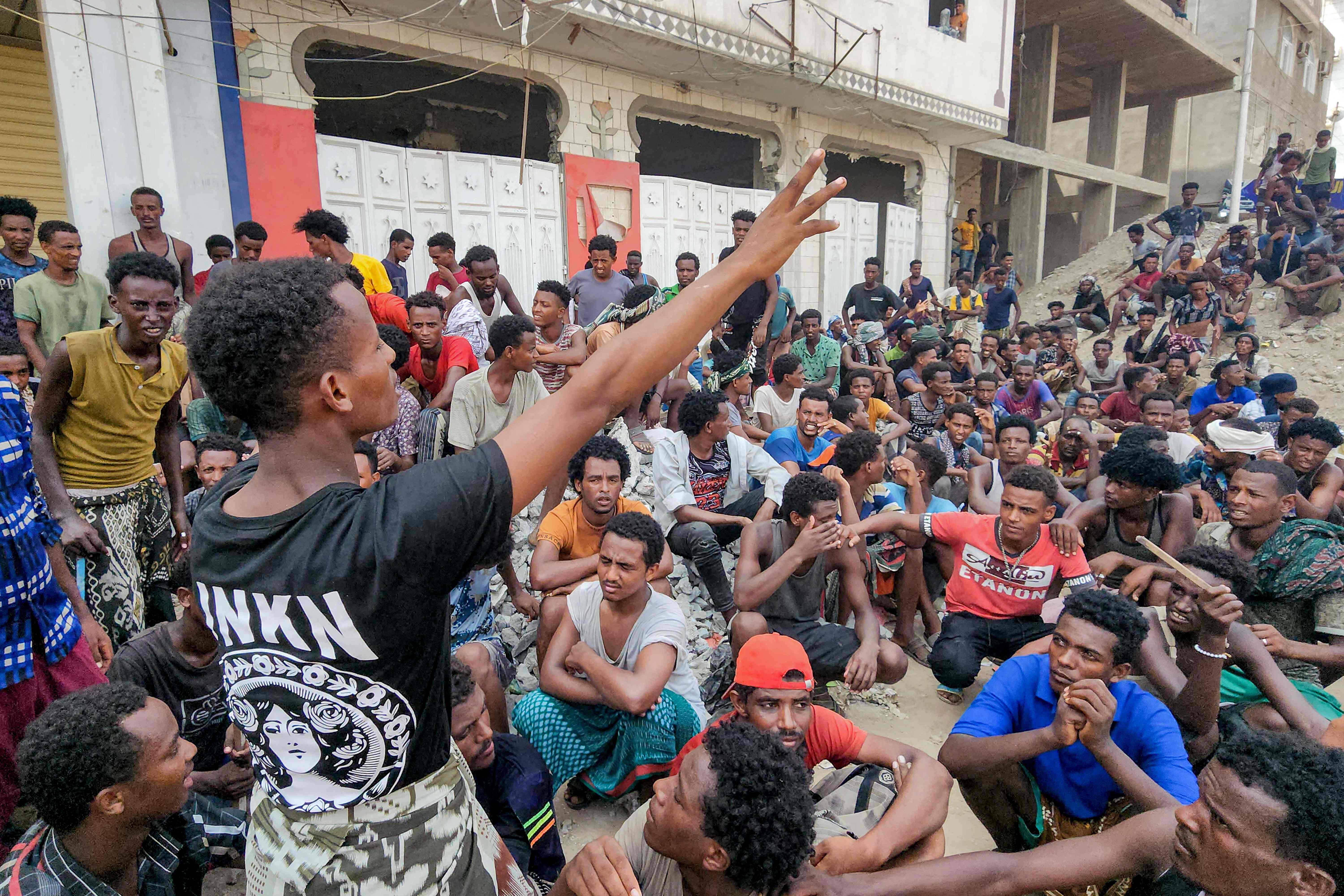 Migrants from Ethiopia's Amhara region protest against the lack of basic services and call for international organisations to facilitate their repatriation, in Yemen's southern port city of Aden on September 7, 2023. (Photo by Saleh OBAIDI / AFP)