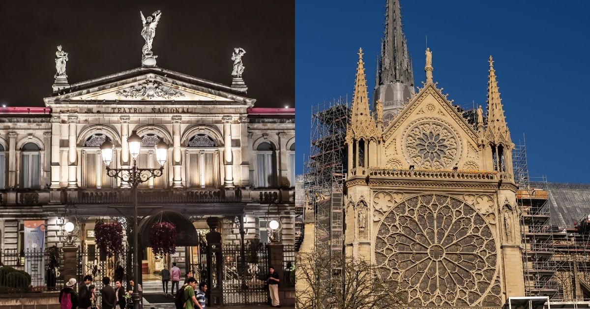 Collage con fotos de la Catedral de Notre Dame y el Teatro Nacional para ilustrar contenido sobre espectáculo del FIA 2024