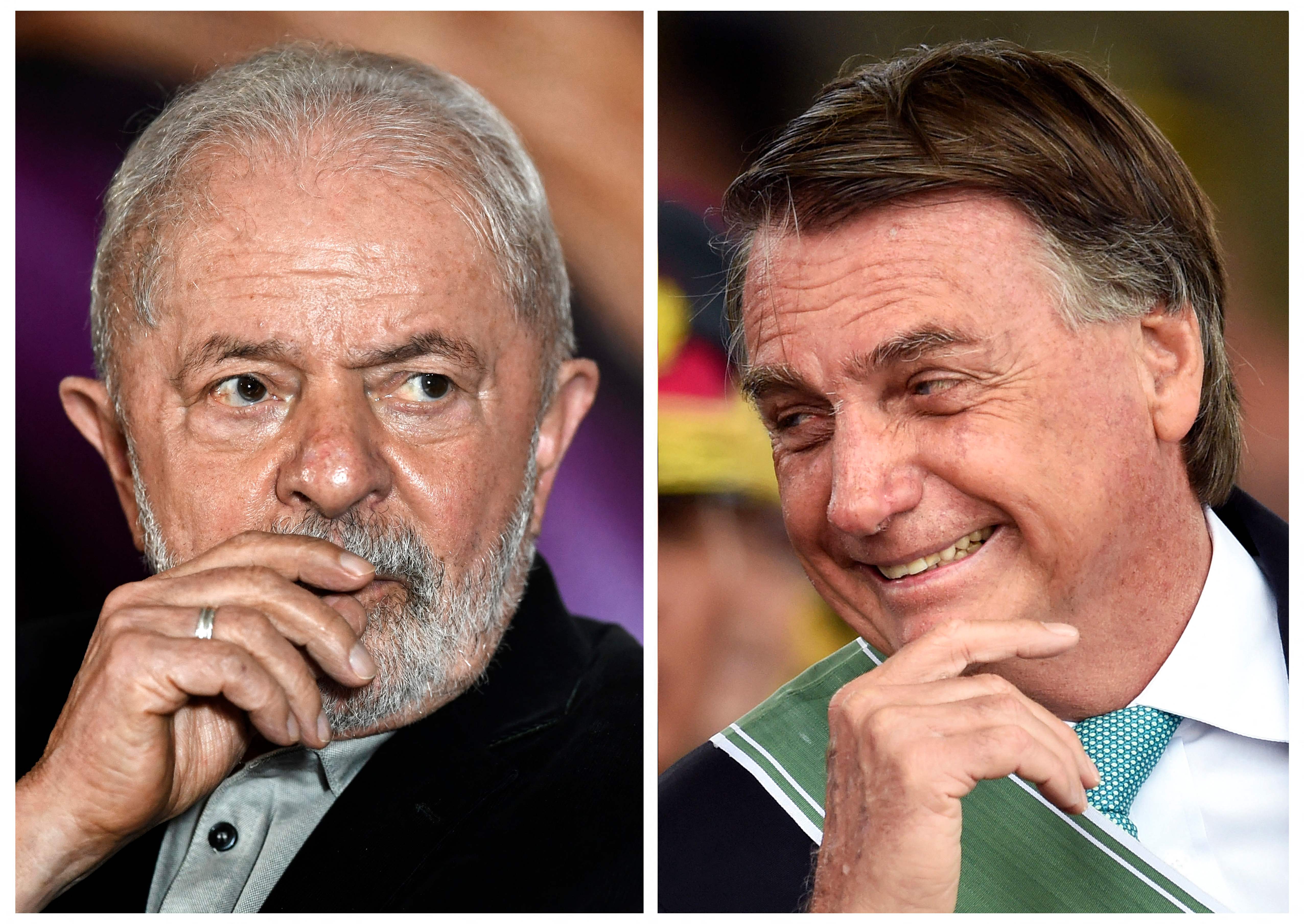 (FILES) (COMBO) This file combination of pictures shows ex-Brazilian president Luiz Inacio Lula da Silva (L) gestures during a meeting with members of the Rede Party in Brasilia, on April 28, 2022, to discuss the party's support for Lula's candidacy for president in the upcoming October elections, and another of Brazilian President Jair Bolsonaro smiling during the Brazilian Army Day celebration at the Army headquarters in Brasilia on April 19, 2022. - With just over four months to go before the presidential election of October 2, Luiz In�cio Lula da Silva, 76, retains a comfortable - albeit declining - lead in the polls, but in the arena of social networks he is far from the popularity of the current far-right president Jair Bolsonaro, 67, who is yet to announce his candidacy. (Photo by EVARISTO SA / AFP)