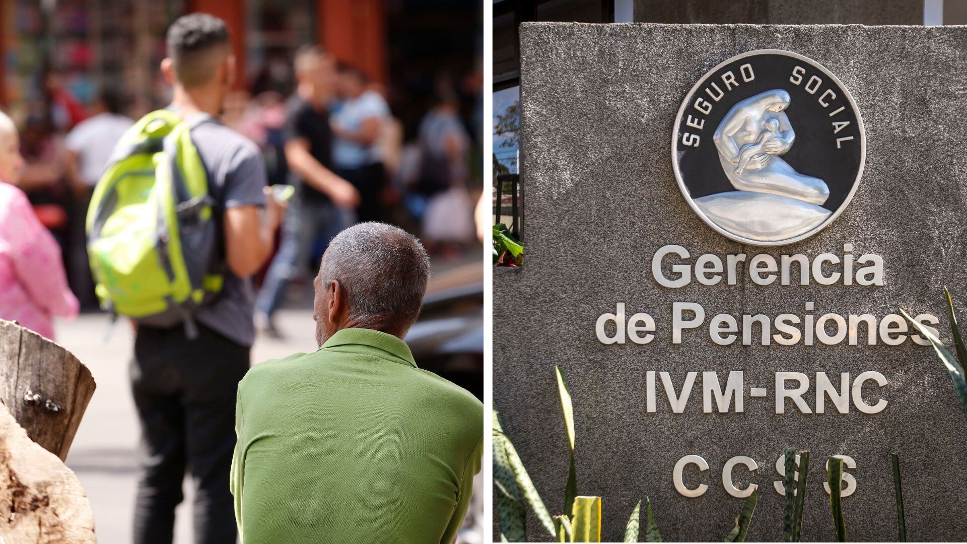 En la imagen la espalda de un adulto mayor y la fachada de la gerencia de pensiones IVM-RNC