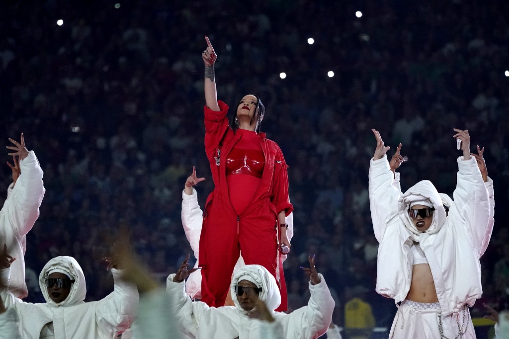 Barbadian singer Rihanna performs during the halftime show of Super Bowl LVII between the Kansas City Chiefs and the Philadelphia Eagles at State Farm Stadium in Glendale, Arizona, on February 12, 2023. (Photo by TIMOTHY A. CLARY / AFP)