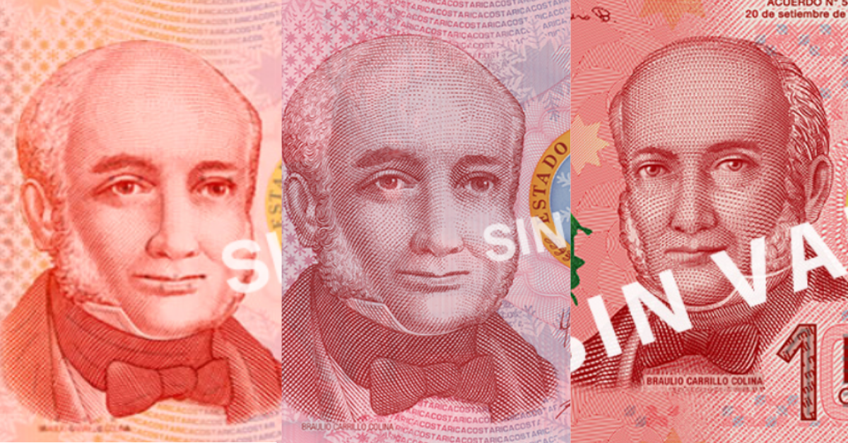 Tres versiones del billete de ¢1.000 de Costa Rica, con retratos de Braulio Carrillo Colina, que muestran los cambios en diseño, seguridad.