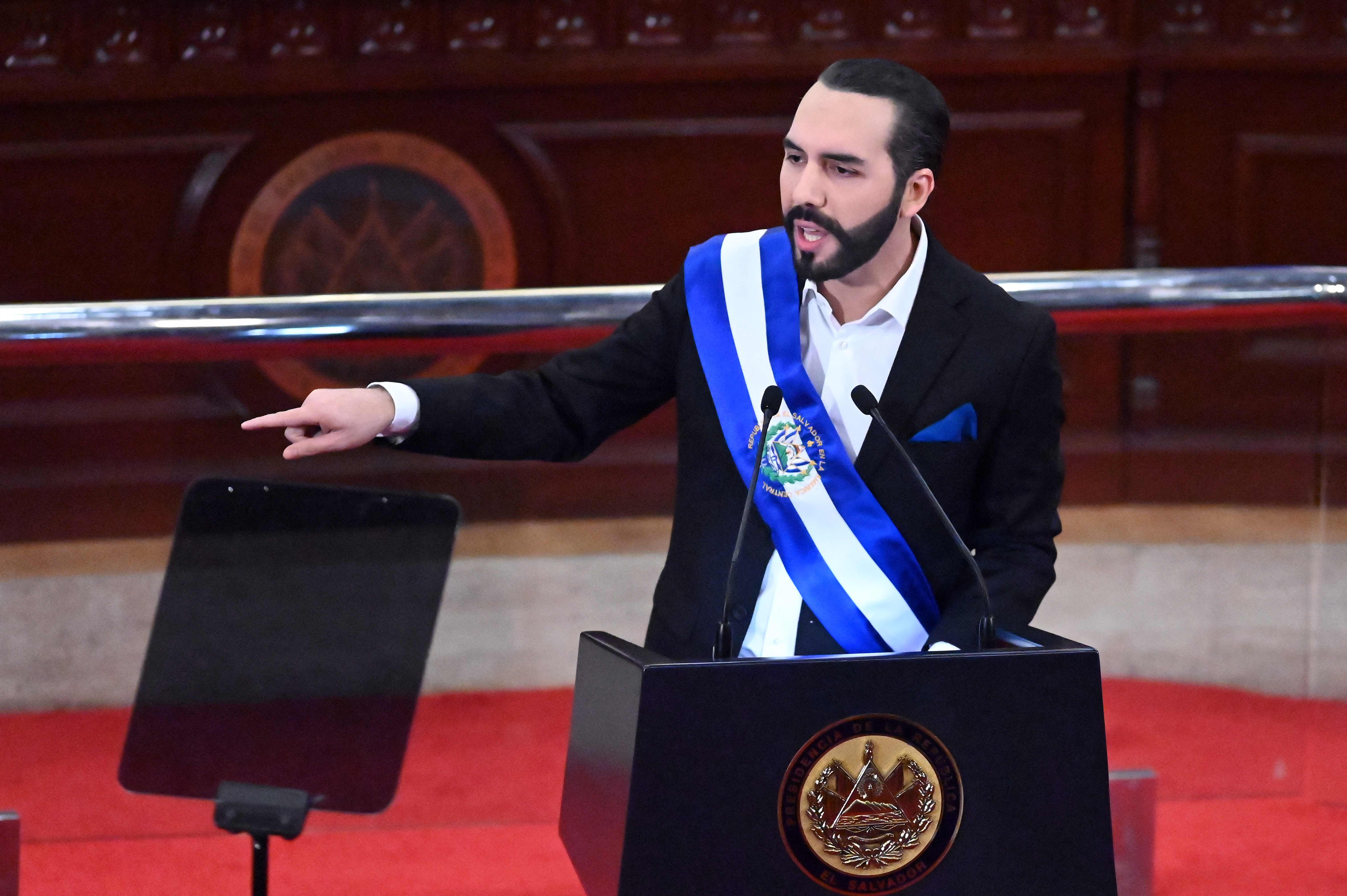 Salvadoran President Nayib Bukele delivers his annual address to the nation marking his second year in office at the Legislative Assembly in San Salvador on June 1, 2021. (Photo by MARVIN RECINOS / AFP)