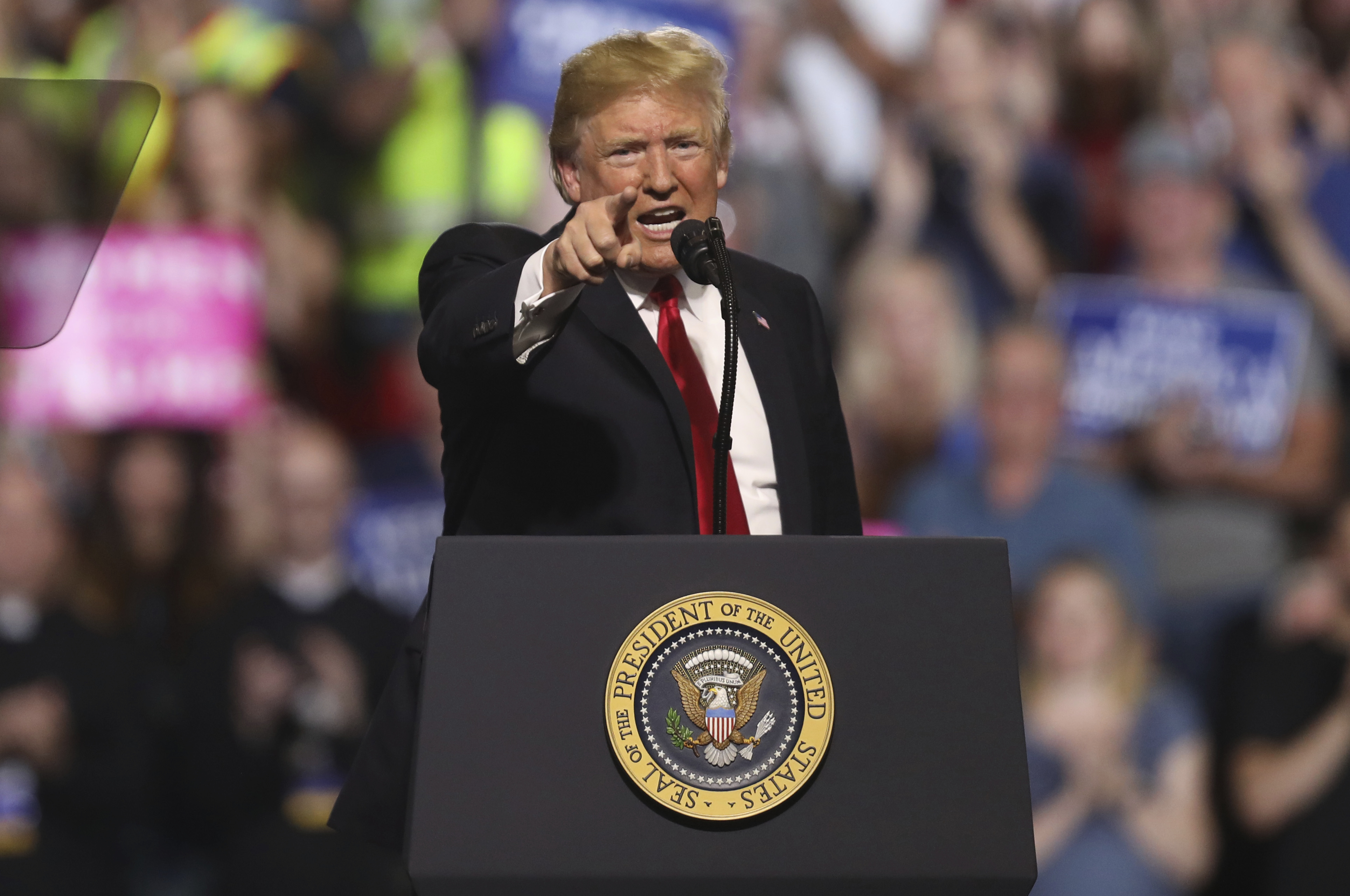 President Donald Trump addresses the audience at a rally at the Four Seasons Arena at Montana ExpoPark, Thursday, July 5, 2018, in Great Falls, Mont., in support of Rep. Greg Gianforte, R-Mont., and GOP Senate candidate Matt Rosendale. (AP Photo/Jim Urquhart)
