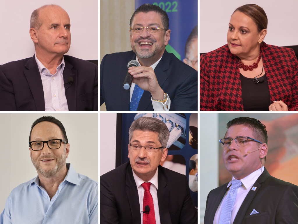 En la imagen los candidatos José María Figueres, del Partido Liberación Nacional (PLN); Rodrigo Chaves, del Partido Progreso Democrático (PPSD); Lineth Saborío, del Partido Unidad Social Cristiana (PUSC); Eli Feinzaig, del Partido Liberal Progresista (PLP); Welmer Ramos, del Partido Acción Ciudadana (PAC); y Fabricio Alvarado, del Partido Nueva República (PNR).