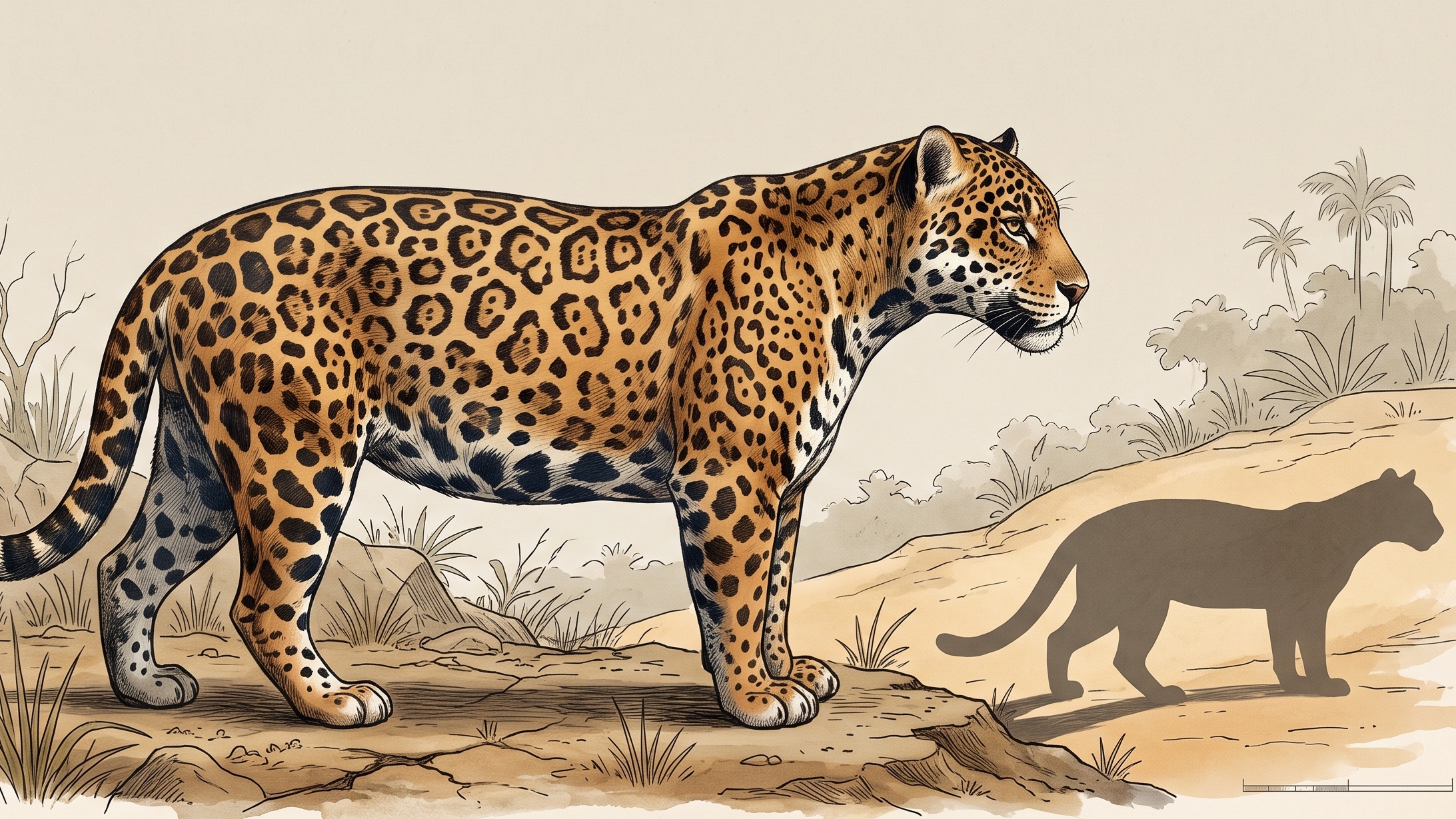 Jaguar que proyecta una sombra mucho más pequeña que la del animal original