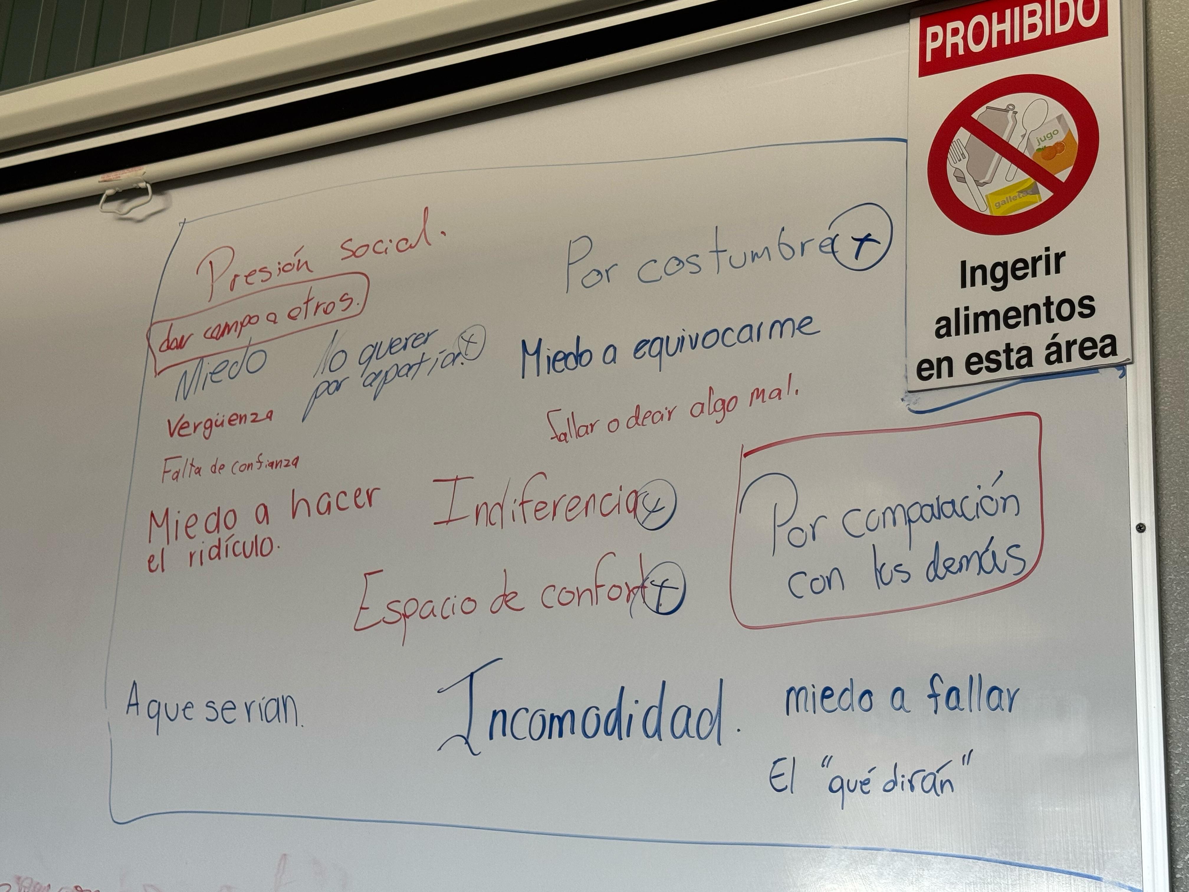 A pedido, de una profesora de Sociología, estudiantes universitarios escriben en una pizarra las razones por las cuales prefieren no participar en clase
