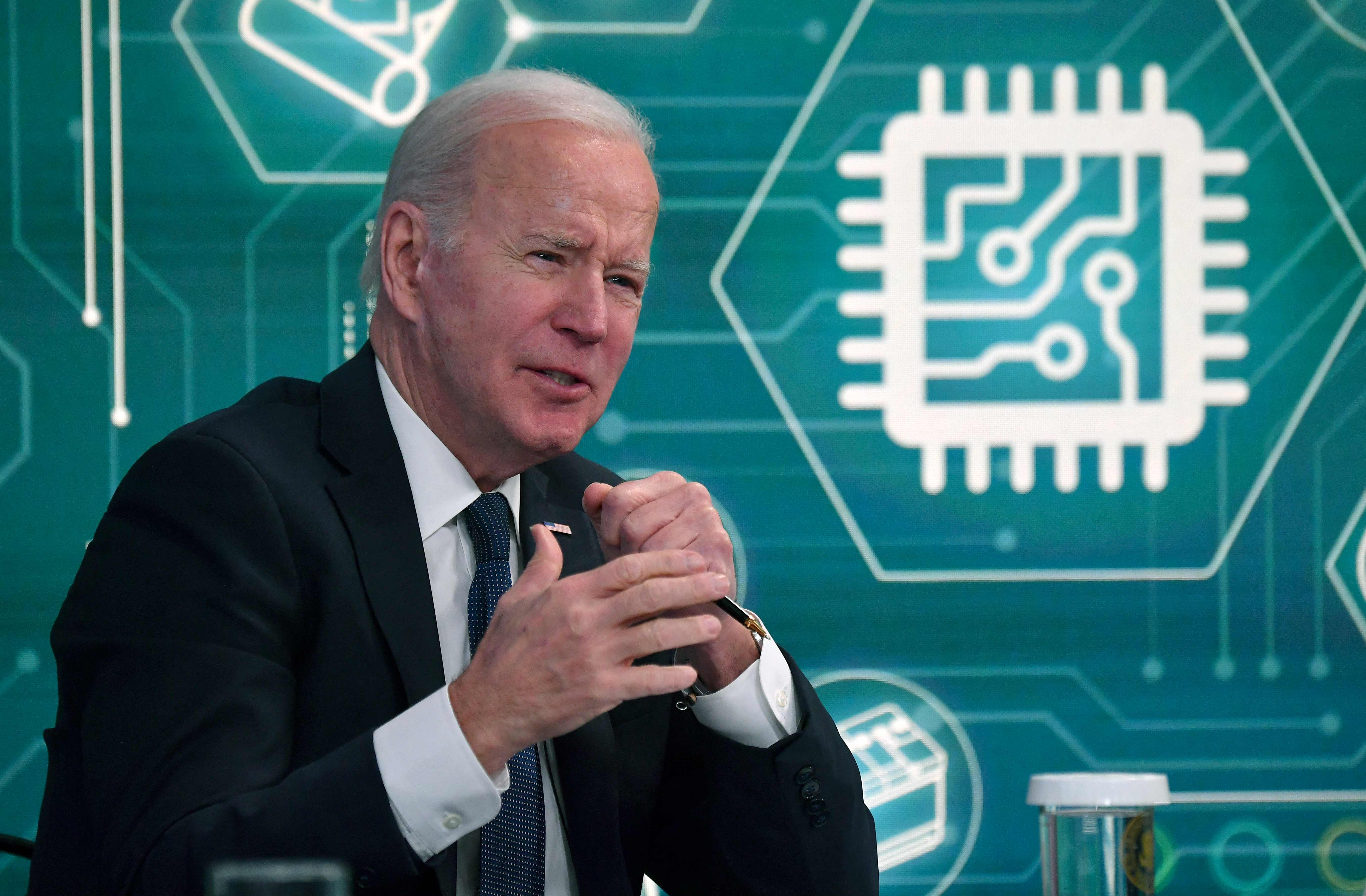 US President Joe Biden meets with business leaders to discuss the Bipartisan Innovation Act, in the South Court Auditorium of the Eisenhower Executive Office Building, near the White House, in Washington, DC, on March 9, 2022. (Photo by Nicholas Kamm / AFP)