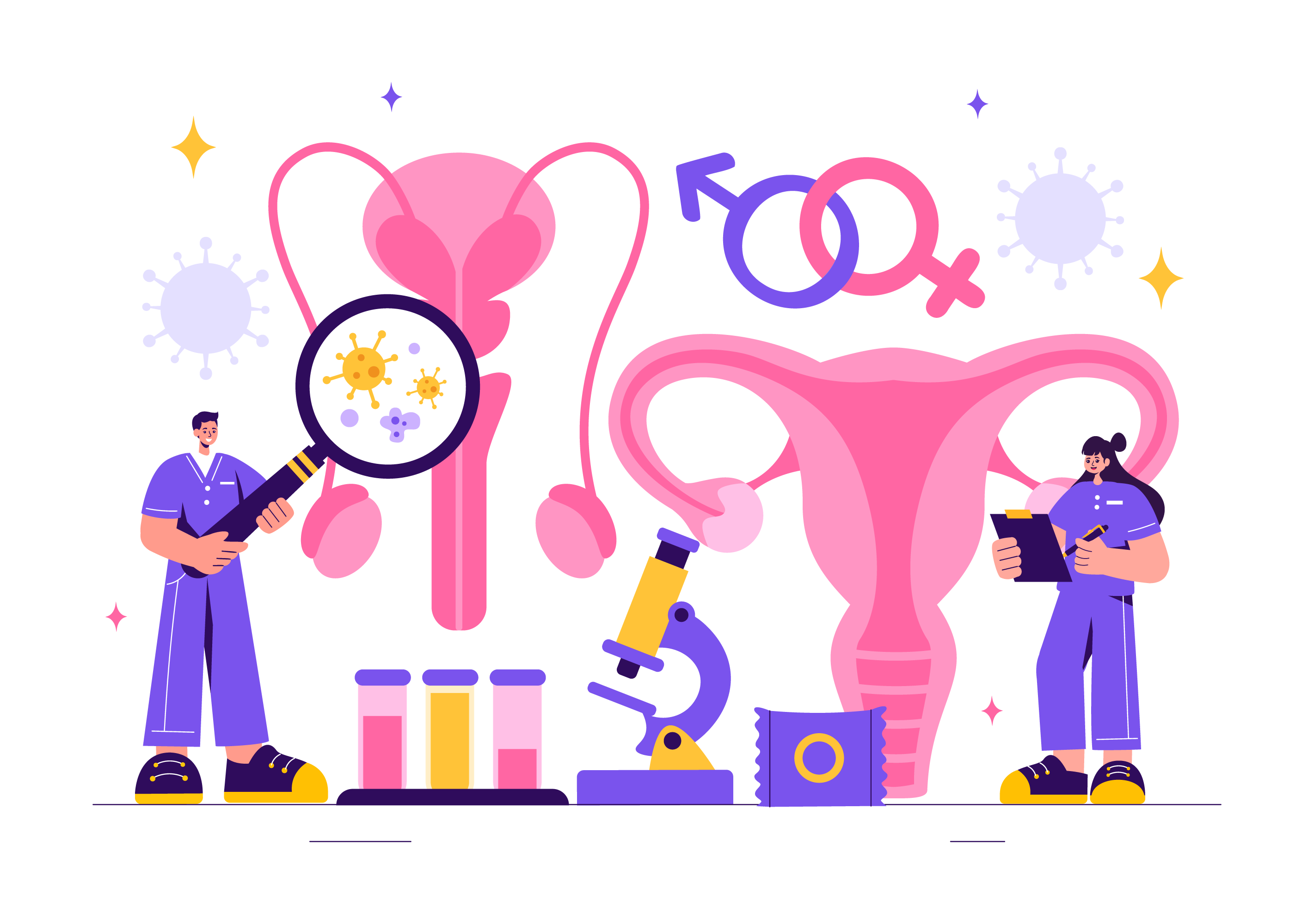 Ilustración en donde profesionales de salud inspeccionan los órganos reproductores tanto de hombre como de mujer.