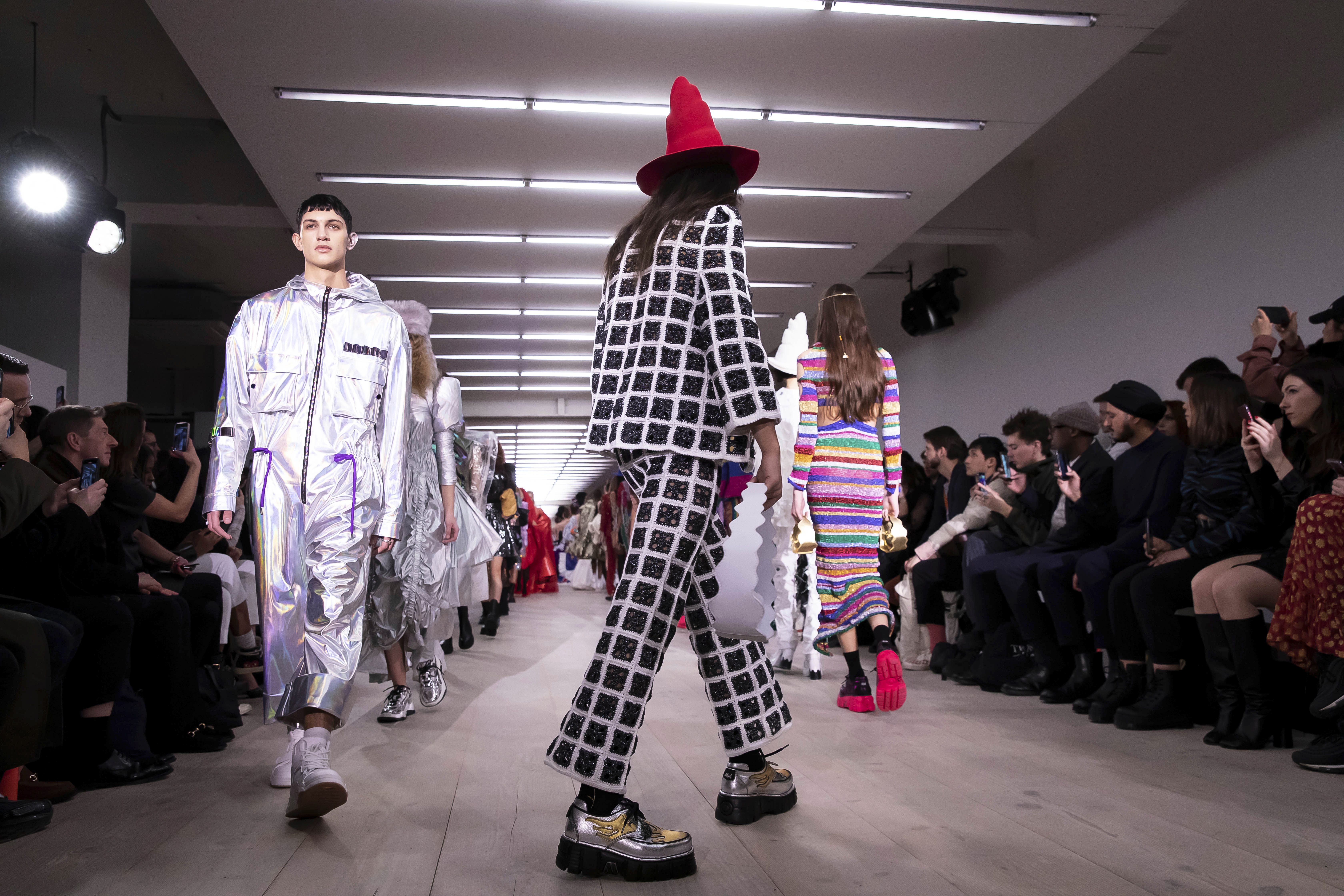 Models wear creations by design house 404 Studio at the Autumn/Winter 2020 fashion week runway show in London, Friday, Feb. 14, 2020.(Photo by Grant Pollard/Invision/AP)