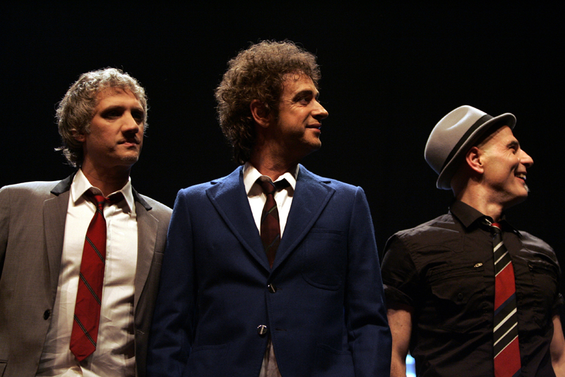 FILE - In this Sept. 20 2007, file photo, Soda Stereo band members from left to right, Charly Alberti, Gustavo Cerati and Zeta Bosio pose for a picture during a news conference in Buenos Aires, Argentina. Soda Stereo front man Cerati died at the age of 55 on Thursday, Sept. 4, 2014, according to the singer's family. Cerati had been in a coma since May 15, 2010 when he suffered a stroke following a performance in Caracas, Venezuela. (AP Photo/Natacha Pisarenko, File)