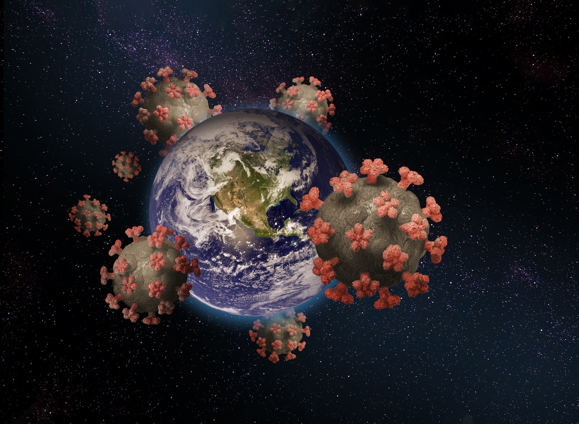 Coronavirus Dangerous corona viruses travelling around the planet Earth, global pandemia concept. Earth image provided by NASA. Crédito Depositphotos