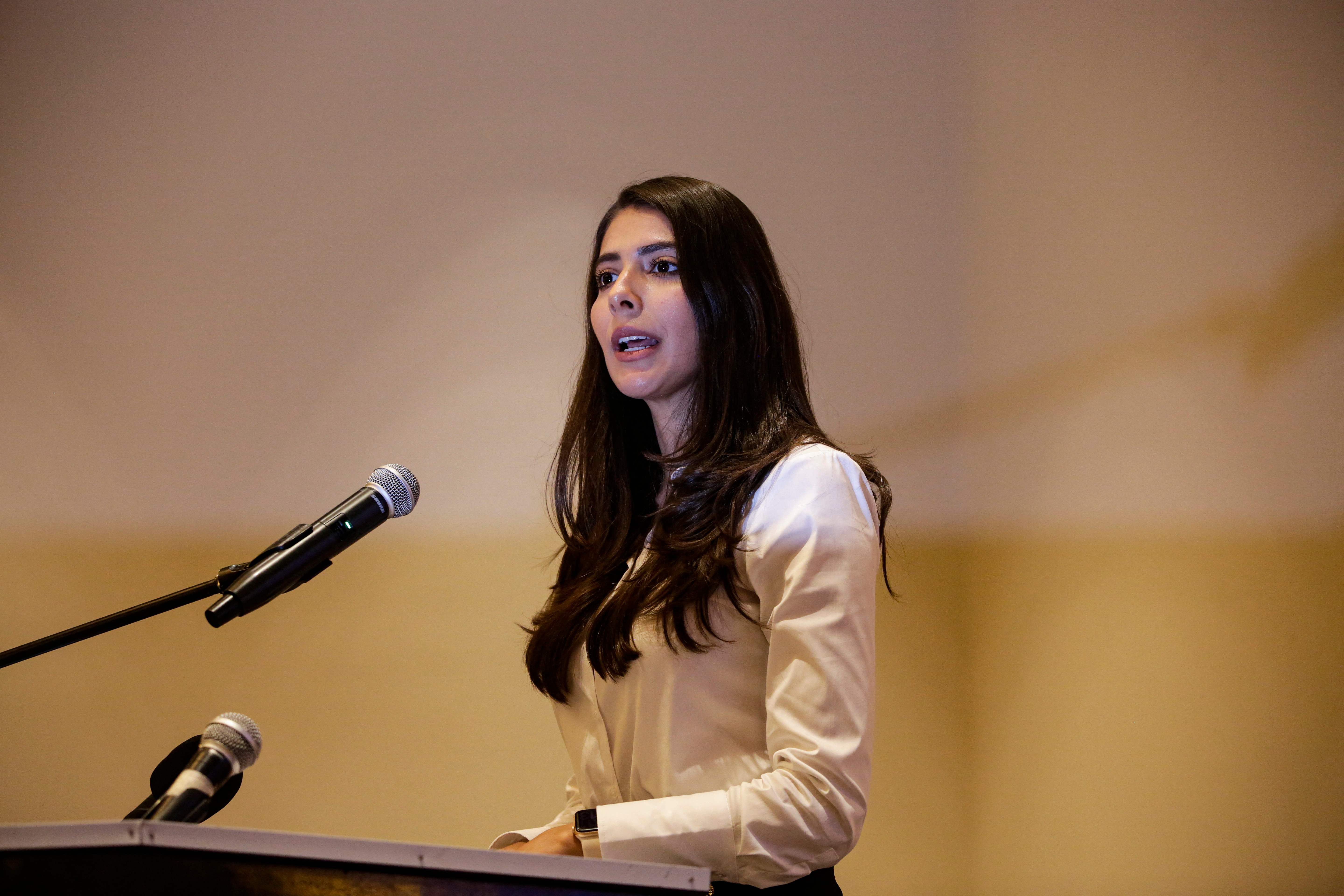 (FILES) In this file photo taken on July 28, 2021 Berenice Quezada, Miss Nicaragua 2017 and vice-presidential candidate for the Alianza Ciudadana por la Libertad (ACXL) party, speaks during a rally with supporters in Managua. - Right-wing opposition party Alianza Ciudadanos por la Libertad (CxL) denounced on August 3, 2021 its vice-presidential candidate Berenice Quezada, 27, was sent to home arrest without specifying the charges. (Photo by OSWALDO RIVAS / AFP)