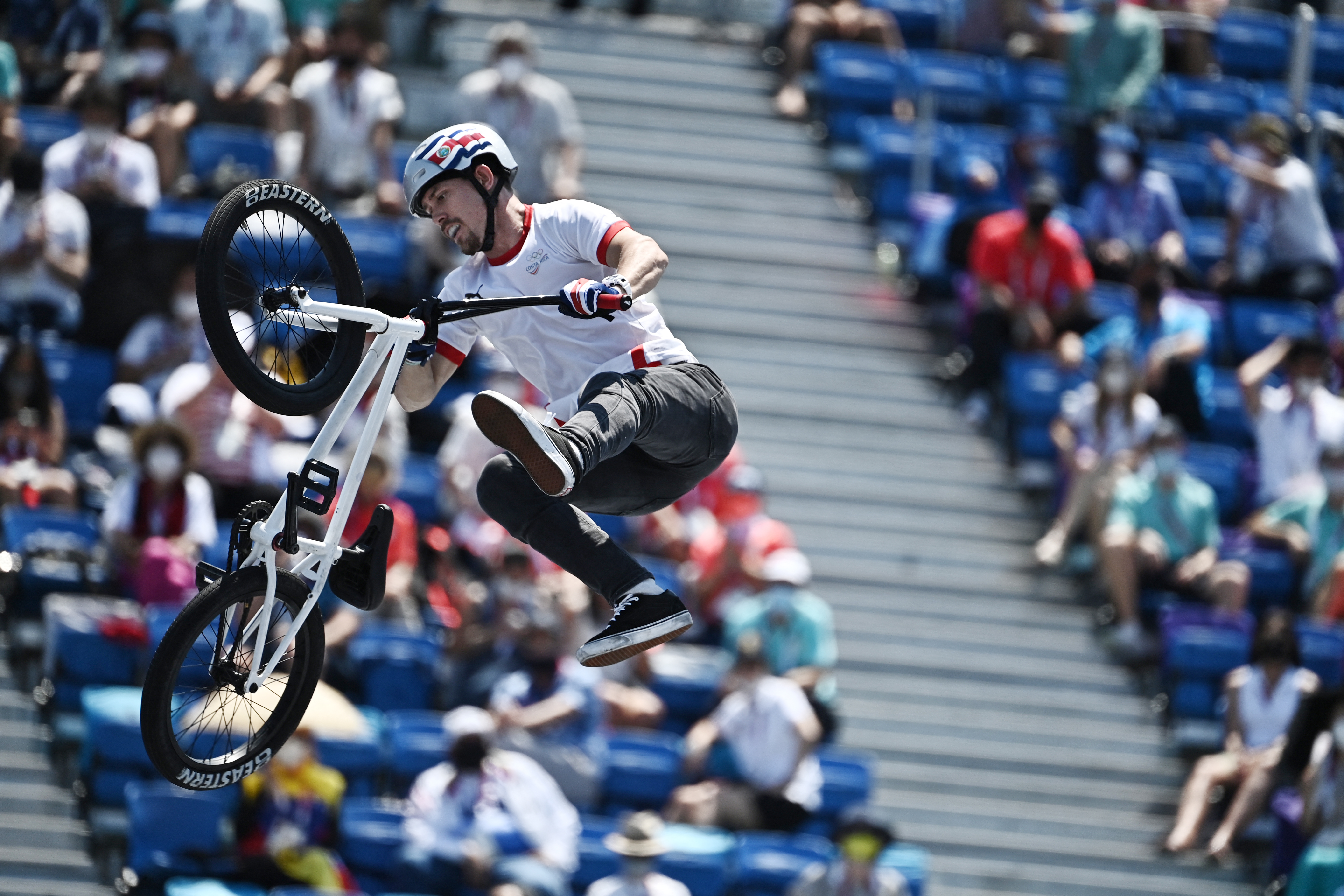 Costa Rica's Kenneth Tencio Esquivel competes in the cycling BMX freestyle men's park final at the Ariake Urban Sports Park during the Tokyo 2020 Olympic Games in Tokyo on August 1, 2021. (Photo by Jeff PACHOUD / AFP)