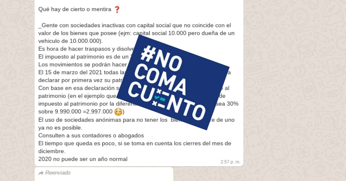 Un mensaje difundido en redes sociales afirma que las sociedades inactivas cuyo capital social no coincida con el de su patrimonio, deberán pagar un tributo del 30% sobre este último. Hacienda lo desmiente.