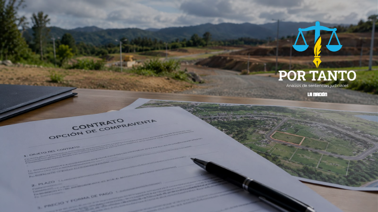 Imagen con fines ilustrativos generada con IA. Se ve un terreno en construcción y en primer plano un contrato con opción de compraventa