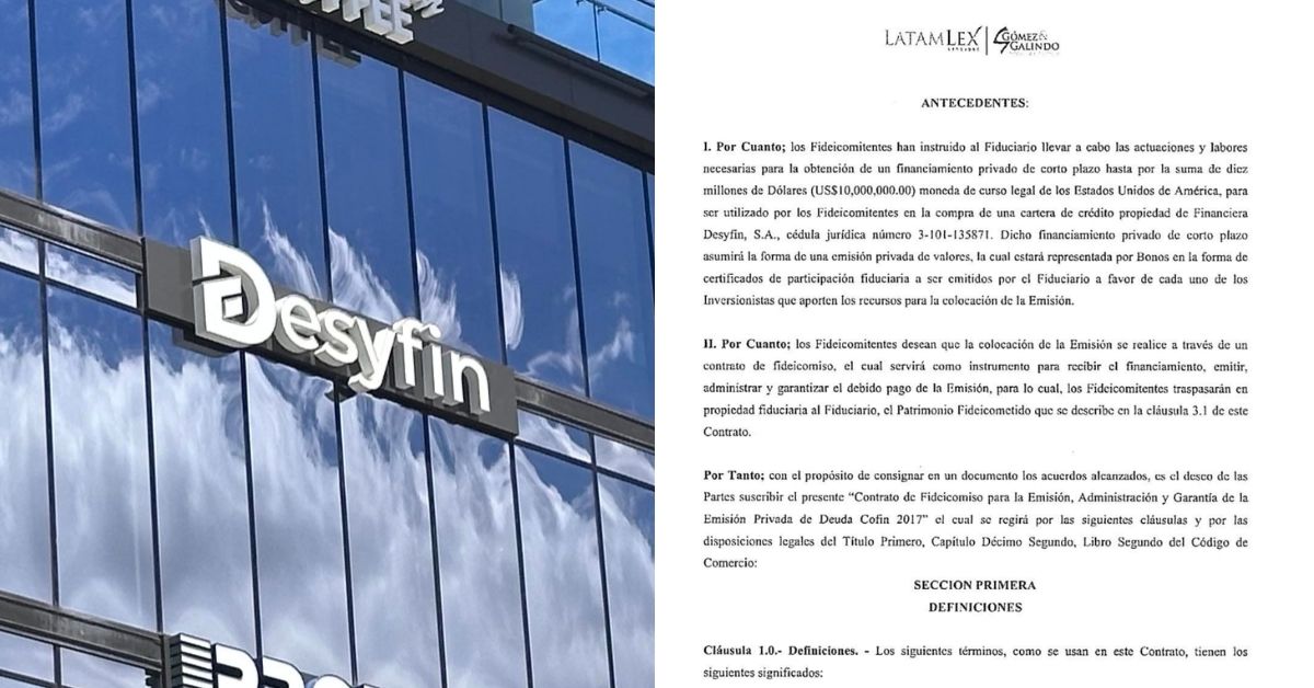 Edificio de Financiera Desyfin con fachada de vidrio reflejando el cielo y una parte del contrato del fideicomiso con Cofin.