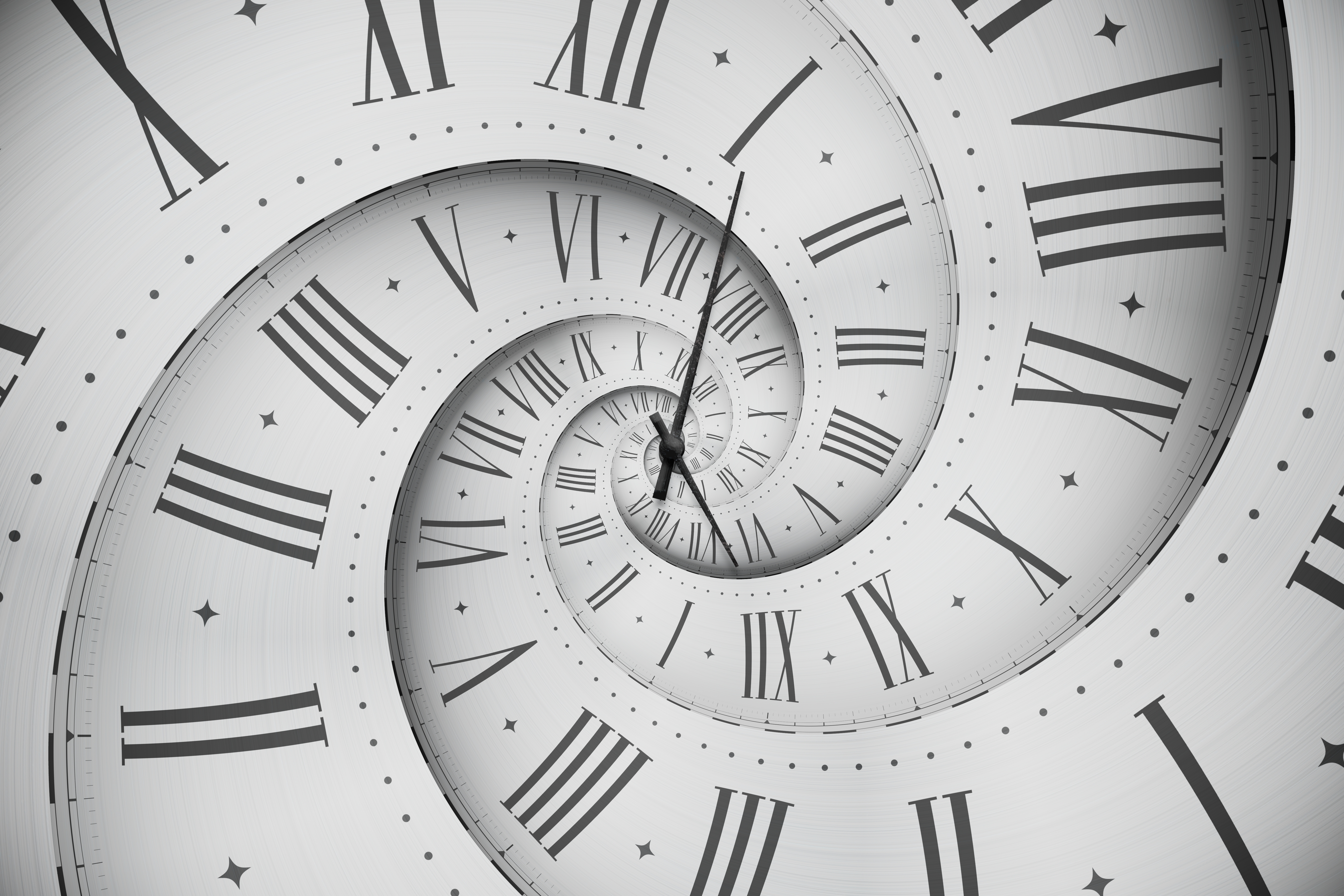 Reloj de números romanos en espiral, tiempo infinito