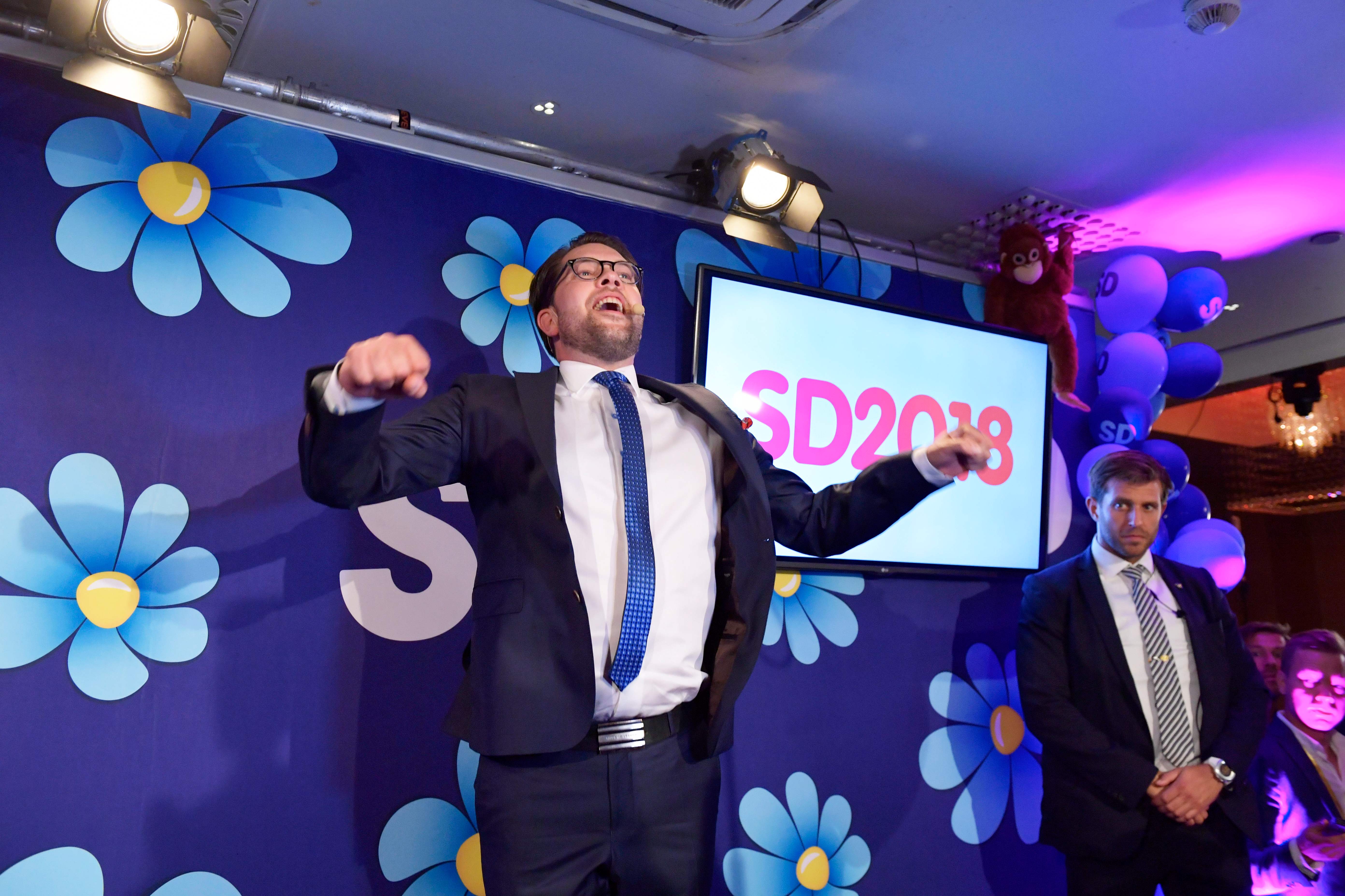 TOPSHOT - Jimmie Akesson of the Sweden Democrats speaks at the election party at the Kristallen restaurant in central Stockholm on September 9, 2018. - Sweden's Social Democrats are tipped to be the country's biggest party after Sunday's election on September 9, 2018, with the far-right Sweden Democrats trailing in third place, a TV4 exit poll predicted shortly before polling stations closed. (Photo by Anders WIKLUND / TT NEWS AGENCY / AFP) / Sweden OUT
