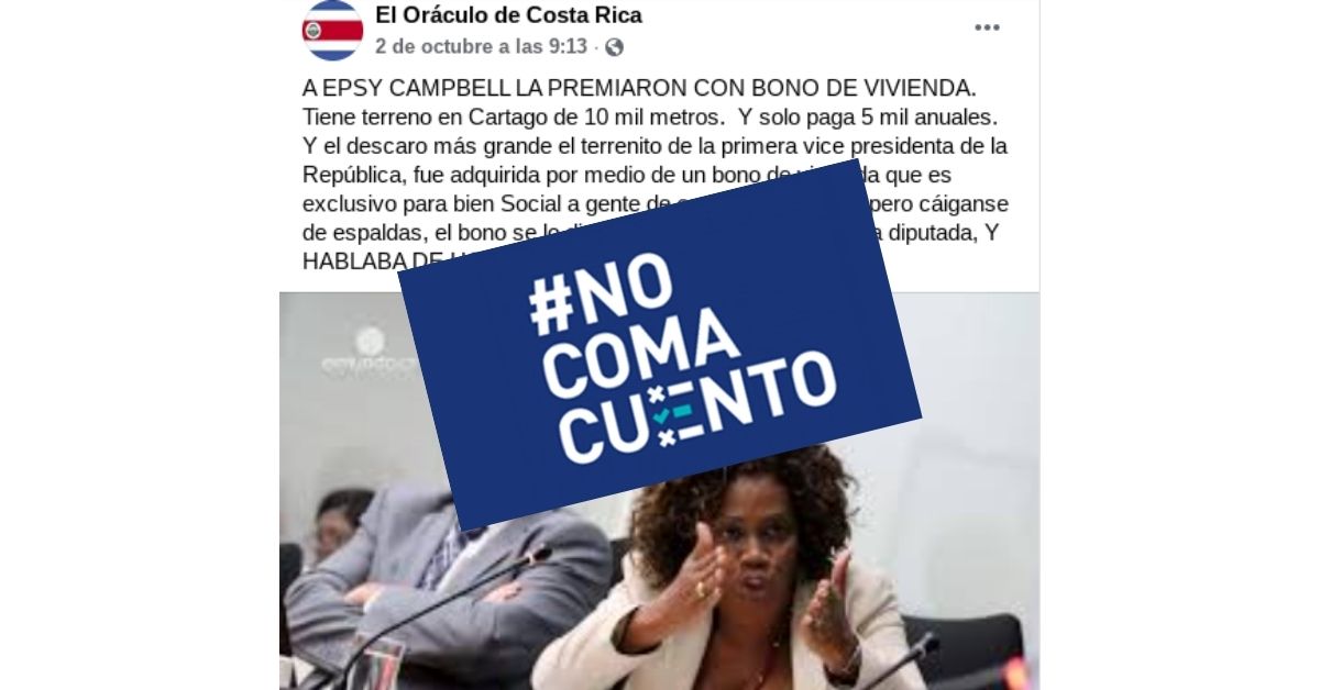 "El bono se lo dieron a la pobrecita cuando era diputada", dice, falsamente, una publicación de la página de Facebook El Oráculo de Costa Rica.