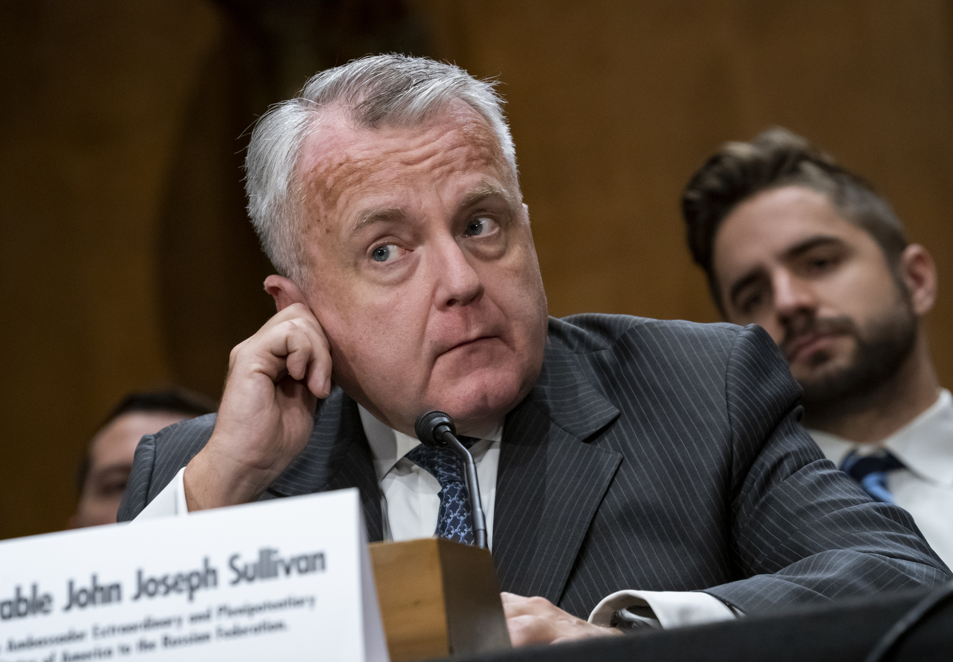 Deputy Secretary of State John Sullivan appears before the Senate Foreign Relations Committee for his confirmation hearing to be the new U.S. ambassador to Russia, on Capitol Hill in Washington, Wednesday, Oct. 30, 2019. President Donald Trump's nominee faced questions about Russian election interference and the ouster of the U.S. ambassador to Ukraine at his Senate confirmation hearing. (AP Photo/J. Scott Applewhite)
