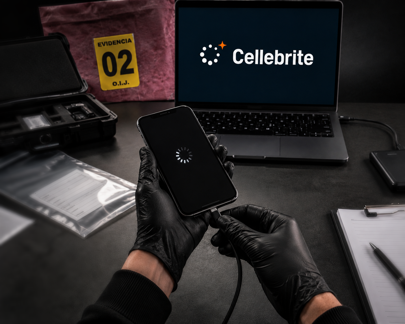 Personal del OIJ puede manipular un teléfono celular en una estación de trabajo forense equipada con el software Cellebrite Inseyets Offline, utilizado para la extracción y análisis de información de dispositivos incautados (imagen con fines ilustrativos).