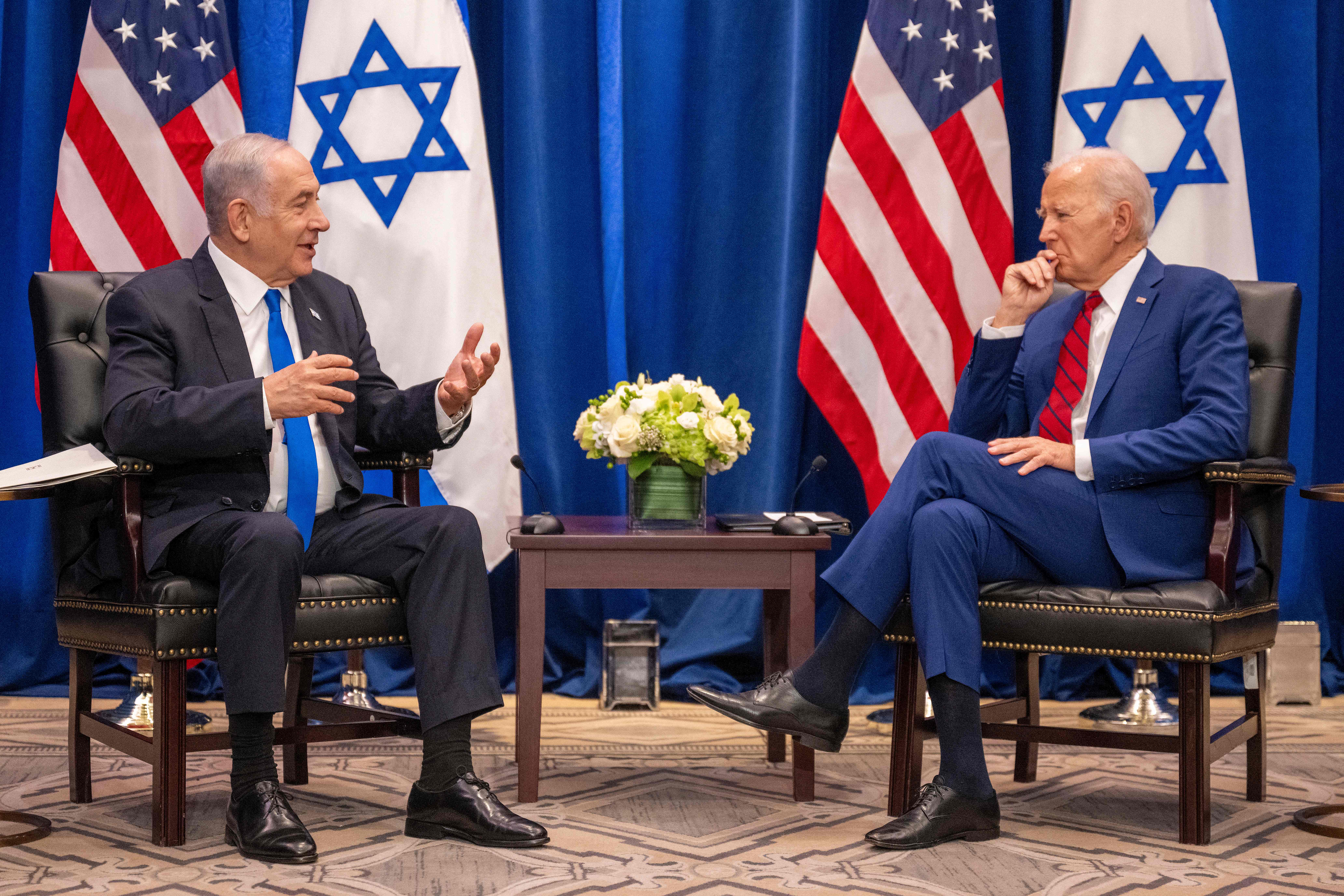 US President Joe Biden meets with Israeli Prime Minister Benjamin Netanyahu on the sidelines of the 78th United Nations General Assembly in New York City on September 20, 2023. (Photo by Jim WATSON / AFP)