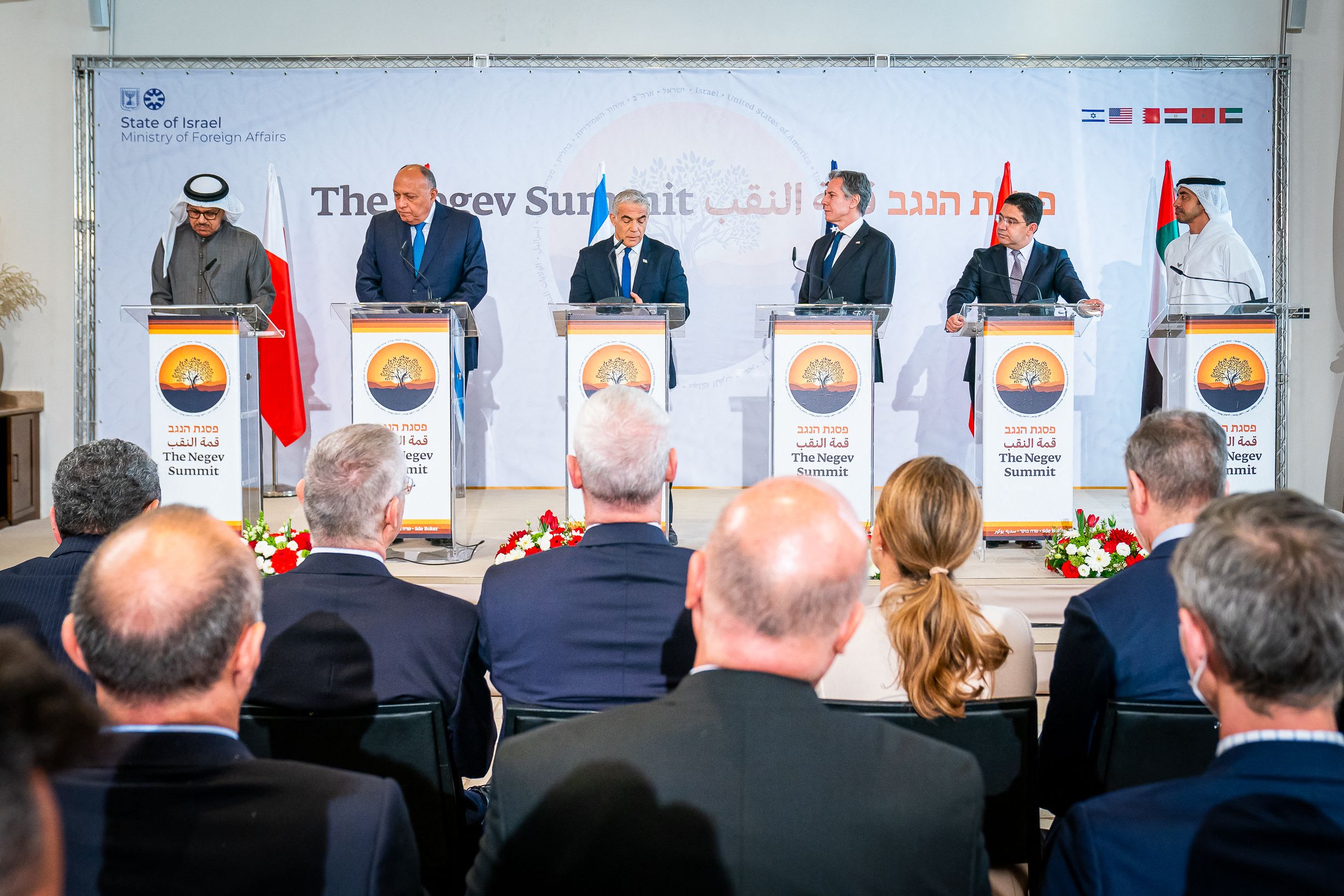 A handout image provided by the United Arab Emirates News Agency (WAM) on March 28, 2022, shows (L to R) Bahrain's Foreign Minister Abdullatif bin Rashid al-Zayani, Egypt's Foreign Minister Sameh Shoukry, Israeli Foreign Minister Yair Lapid, US Secretary of State Antony Blinken, Morocco's Foreign Minister Nasser Bourita, and Emirati Minister of Foreign Affairs and International Cooperation Abdullah bin Zayed Al Nahyan during the Negev summit in the Israeli kibbutz of Sde Boker. (Photo by Saeed Jumoh / WAM / AFP) / === RESTRICTED TO EDITORIAL USE - MANDATORY CREDIT "AFP PHOTO / HO / WAM" - NO MARKETING NO ADVERTISING CAMPAIGNS - DISTRIBUTED AS A SERVICE TO CLIENTS ===