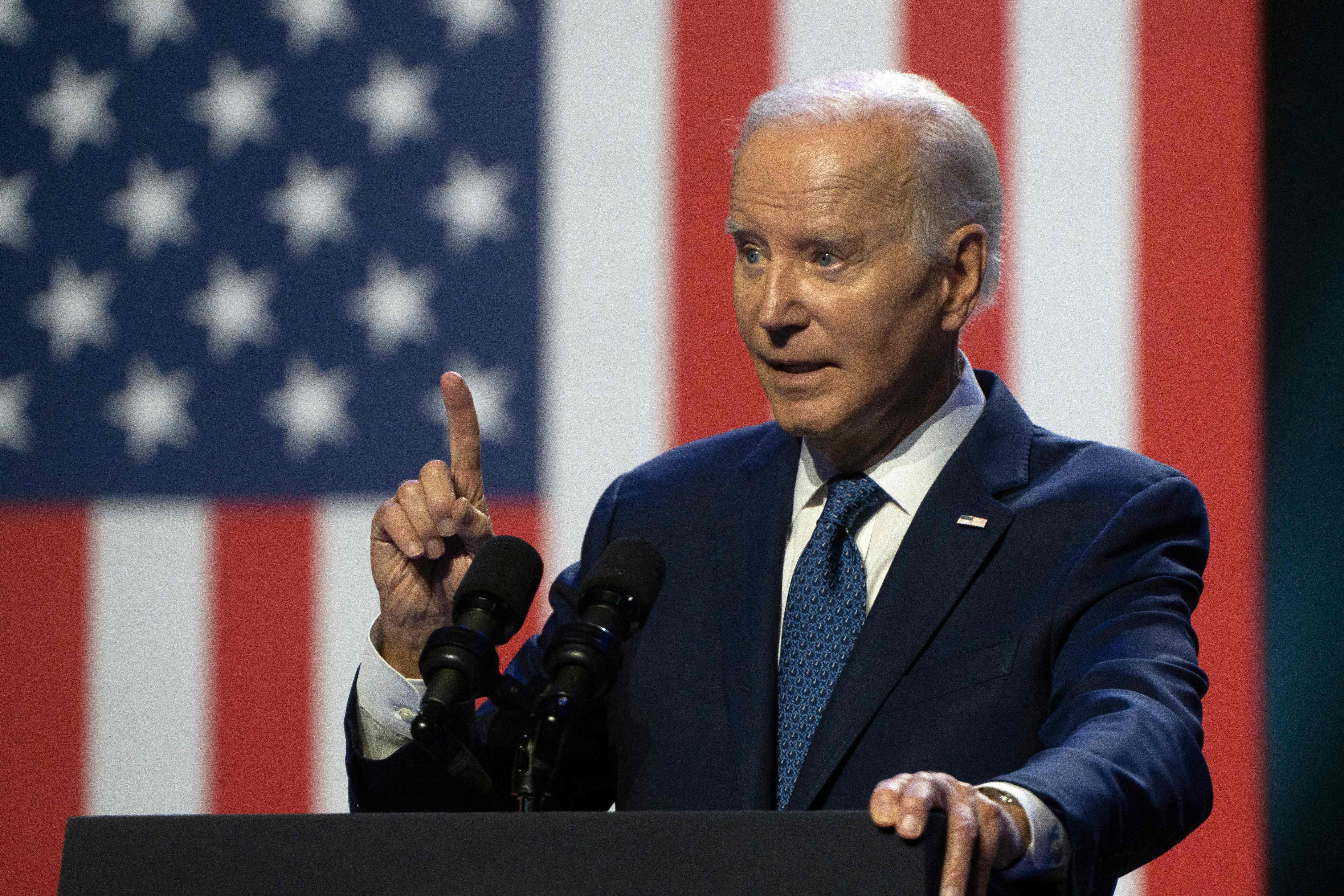 TEMPE, ARIZONA - SEPTEMBER 28: US President Joe Biden gives a speech at the Tempe Center for the Arts on September 28, 2023 in Tempe, Arizona. Biden delivered remarks on protecting democracy, honoring the legacy of the late Sen. John McCain (R-AZ), and revealed funding for the McCain Library. Rebecca Noble/Getty Images/AFP (Photo by Rebecca Noble / GETTY IMAGES NORTH AMERICA / Getty Images via AFP)