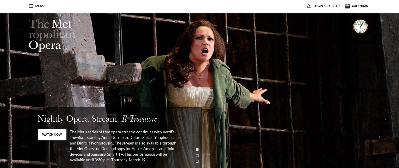19/03/2020. The Metropolitan Opera de Nueva York ofrece transmisiones gratuitas de sus grandes producciones. Foto: Captura de pantalla del MET Opera.
