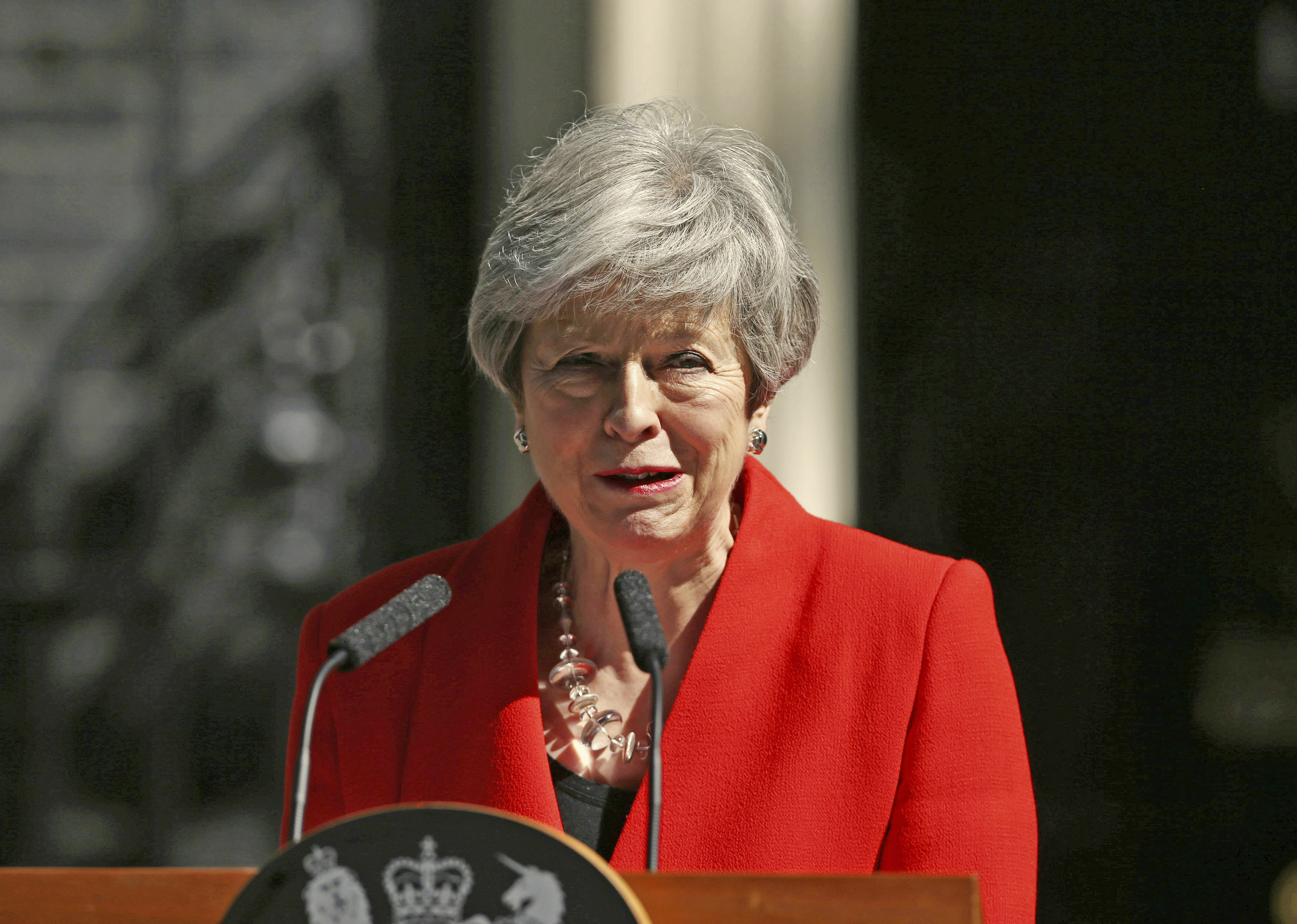Britain's Prime Minister Theresa May makes a statement outside at 10 Downing Street in London, Friday May 24, 2019. Theresa May says she'll quit as UK Conservative leader on June 7, sparking contest for Britain's next prime minister. (Yui Mok/PA via AP)