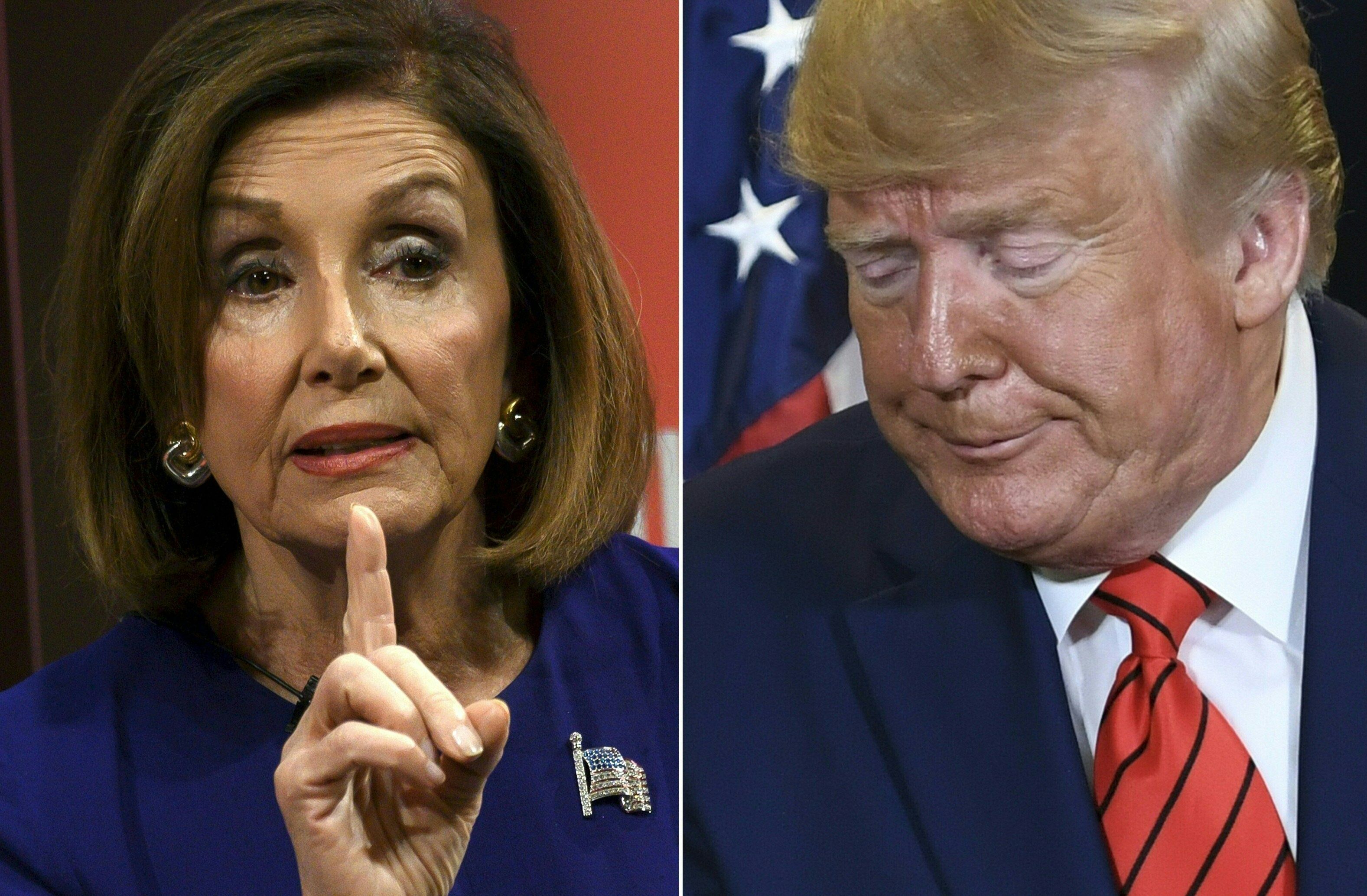 (COMBO) This combination of pictures created on September 24, 2019 shows
US President Donald Trump at UN Headquarters in New York and US Speaker of the House Nancy Pelosi, Democrat of California, in Washington, DC, both photographed on September 24, 2019. - Amid mounting allegations of abuse of power by the US President, Pelosi announced the start of a formal impeachment inquiry in the House of Representatives, the first step in a process that could ultimately lead to Trump's removal from office. (Photos by ANDREW CABALLERO-REYNOLDS and SAUL LOEB / AFP)