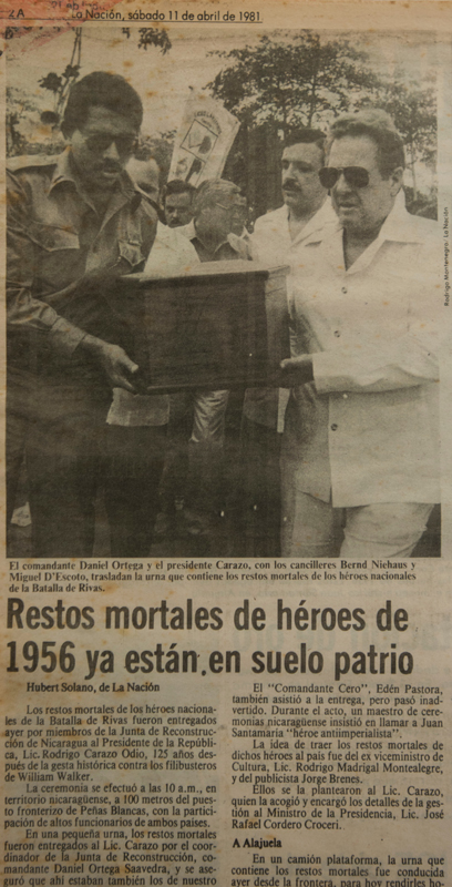 Informaciónpublicada en el periódico La Nación el sábado 11 de abril de 1981 con motivo de la repatriación de los restos de Juan Santamaría.